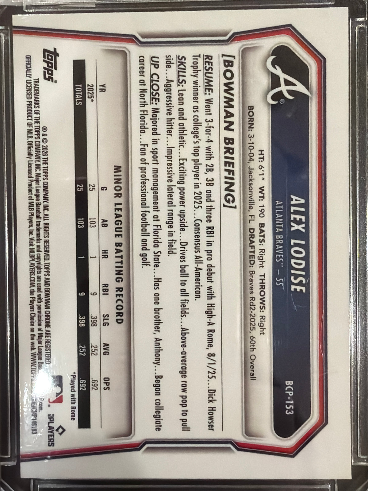 2026 Bowman Chrome Alex Lodise #BCP-153 Aqua Mojo Refractor /125