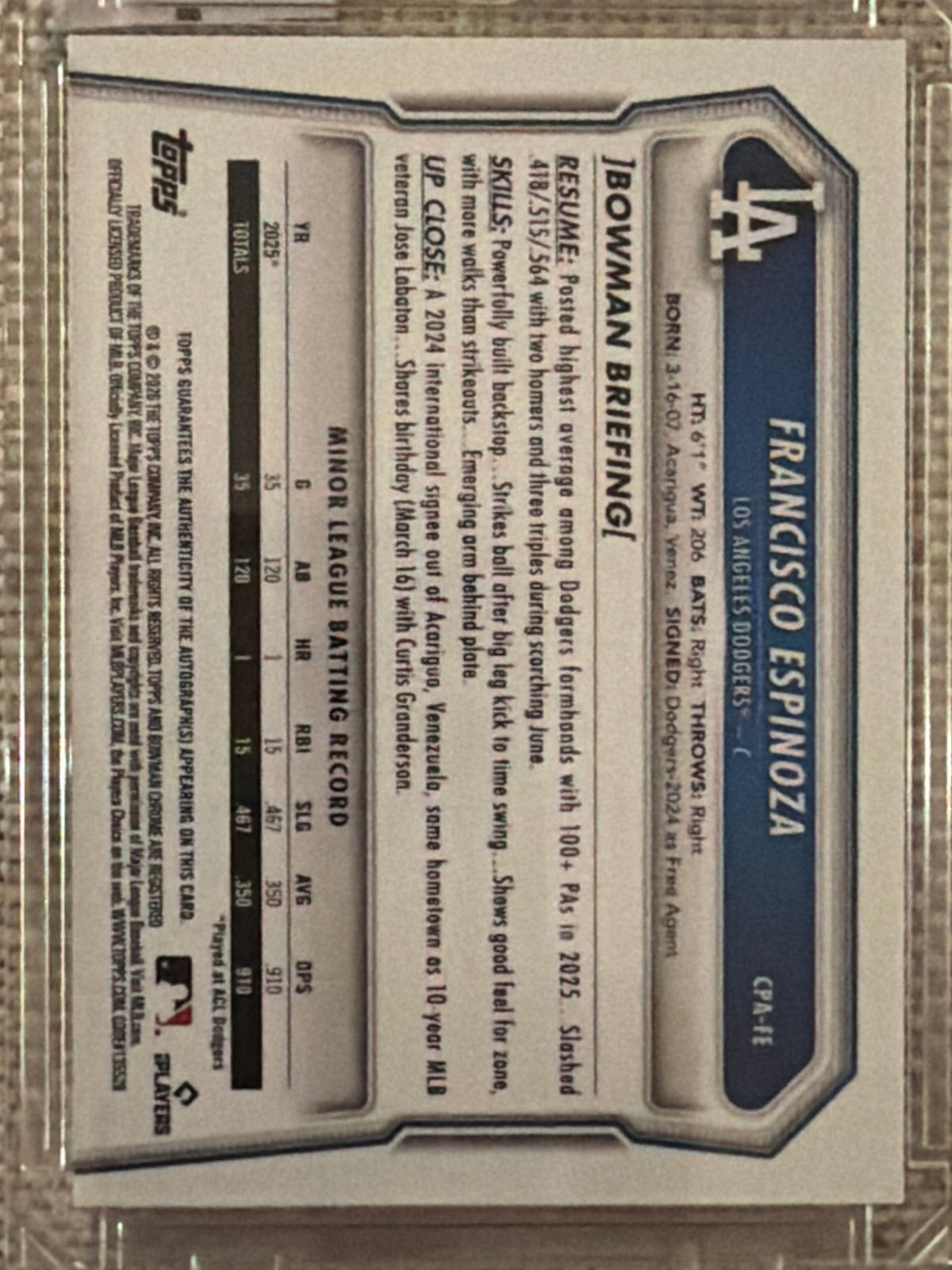 2026 Bowman Chrome Francisco Espinoza #CPA-FE
