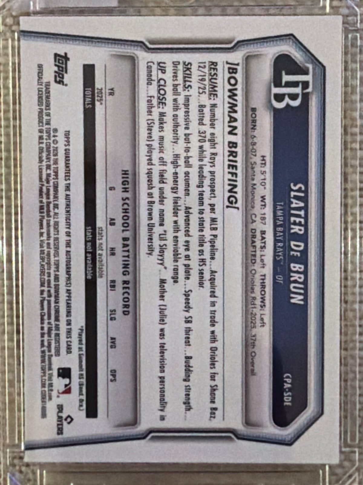 2026 Bowman Chrome Slater De Brun #CPA-SDE Purple Refractor /250