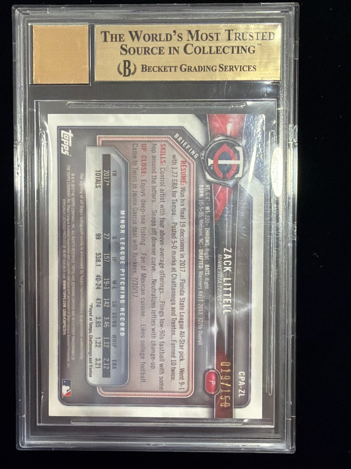 2018 Bowman Chrome Autographs Blue Refractors Zack Littell #CPAZL BGS 9.5