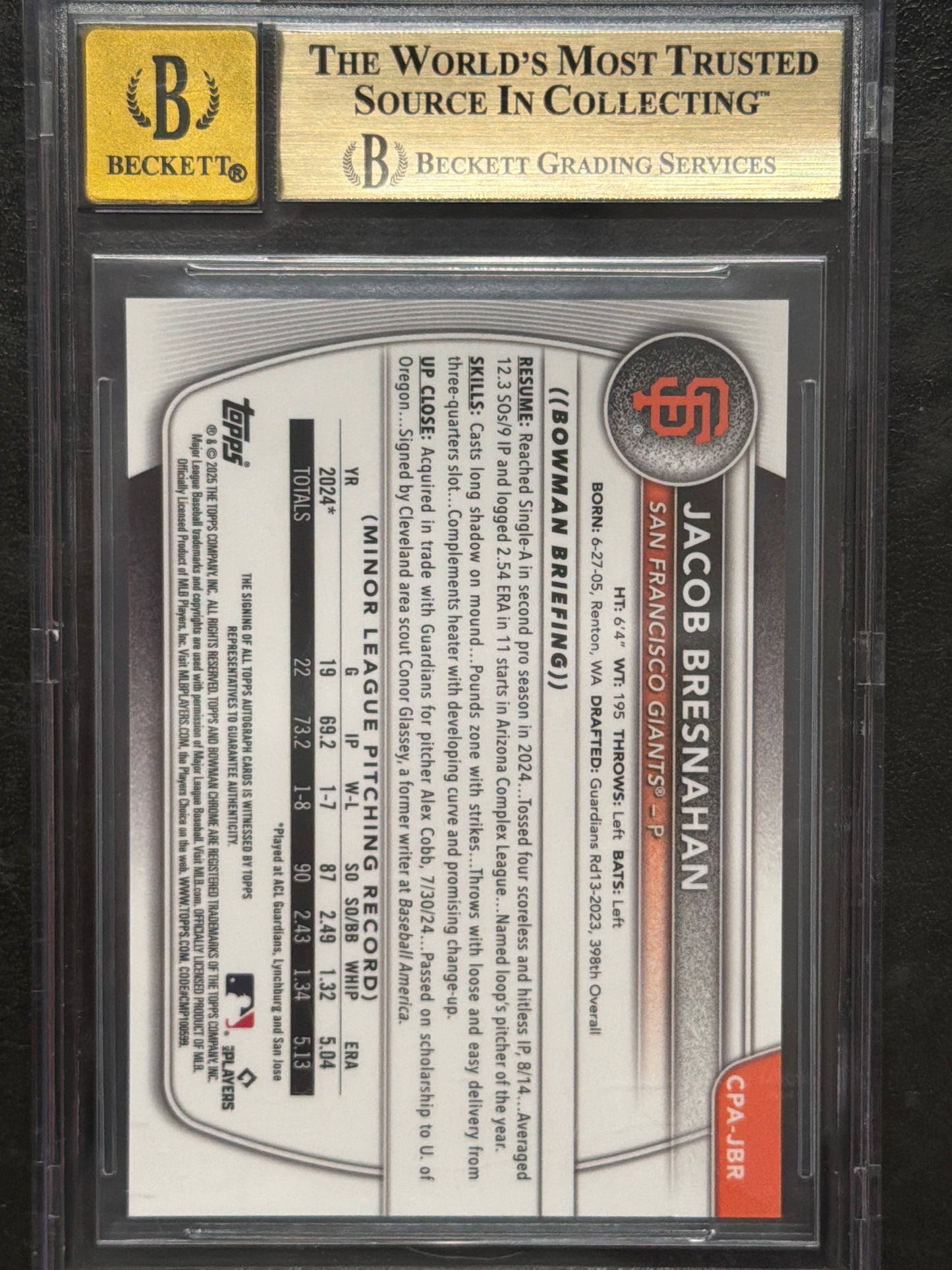2025 Bowman Speckle Refractors Jacob Bresnahan #CPAJBR /299 BGS 9.5 Auto 10