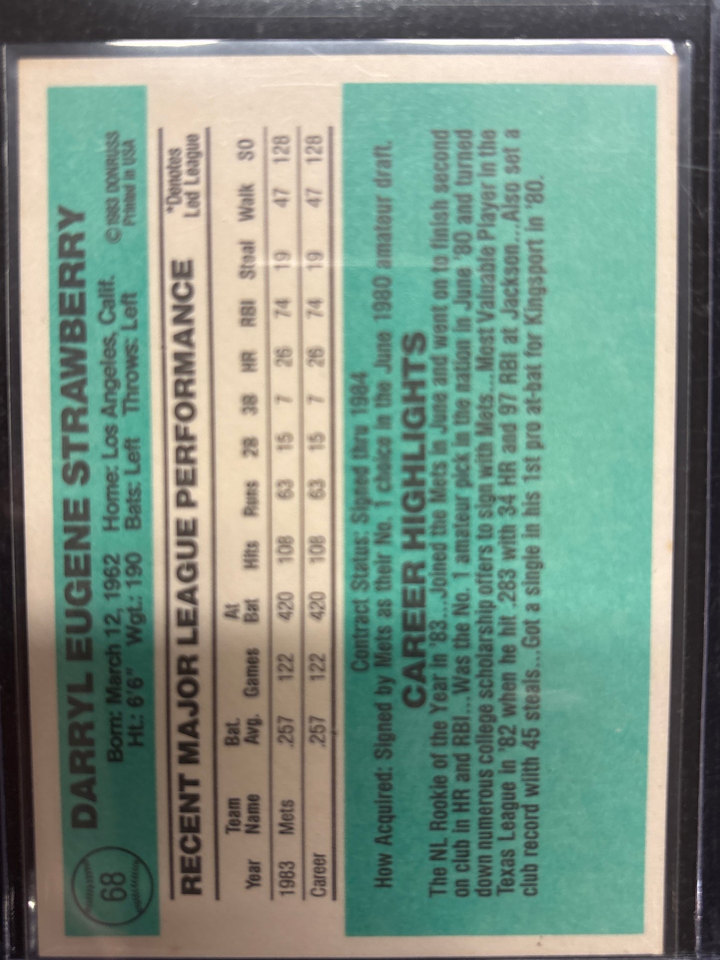 1983 Donruss Darryl Strawberry #68 Rookie Nicely Centered