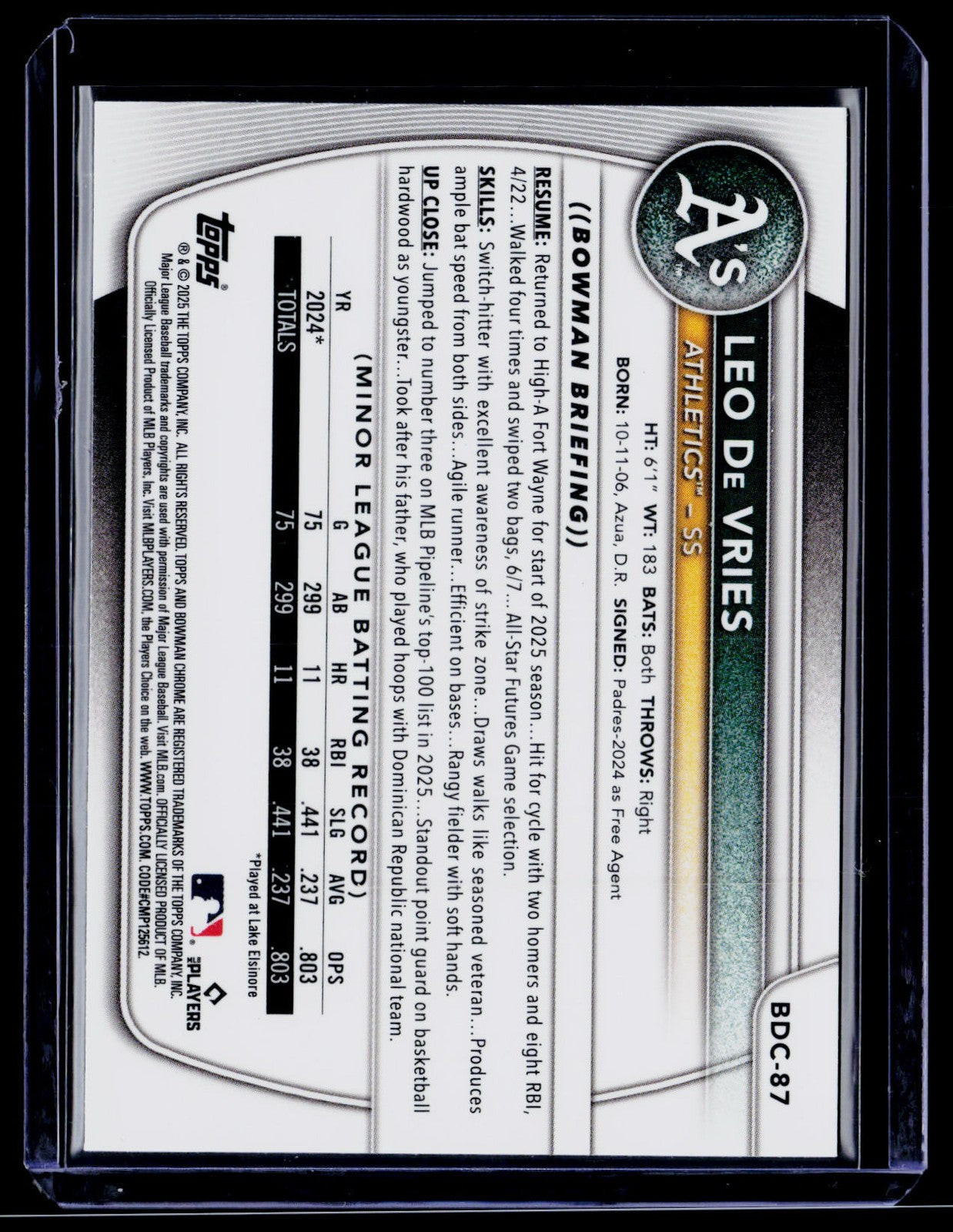 LEO DE VRIES 2025 Bowman Draft #BDC-87 Chrome Purple Geometric #/250