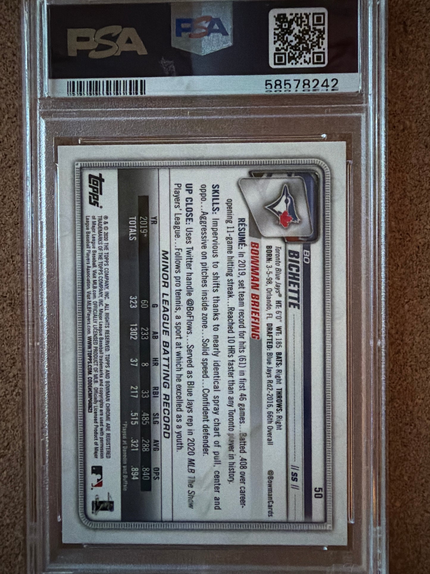 2020 Bowman Chrome Bo Bichette #50 PSA 10