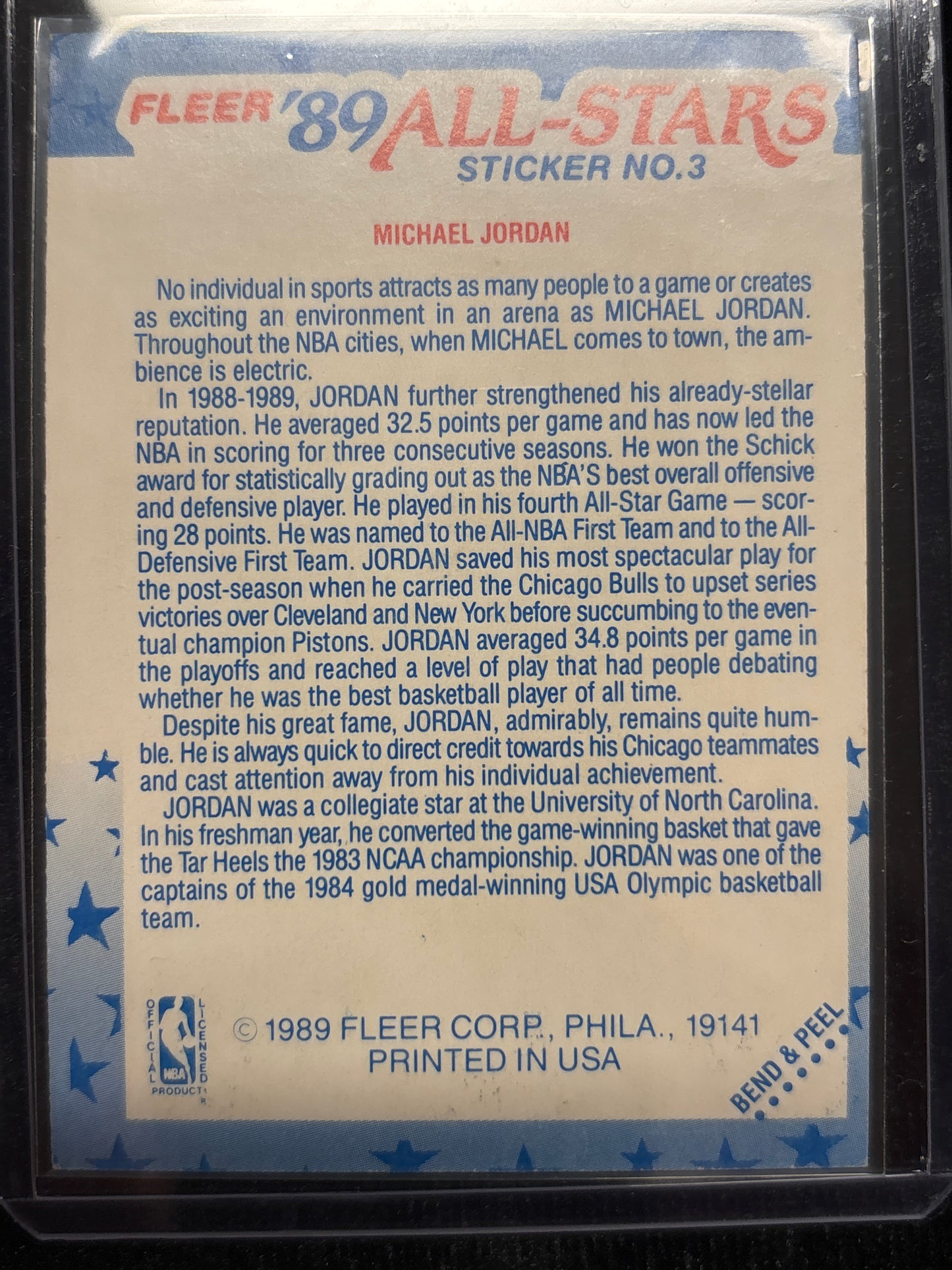 1989 Fleer All-Stars Michael Jordan #Sticker No. 3 HOF Sticker