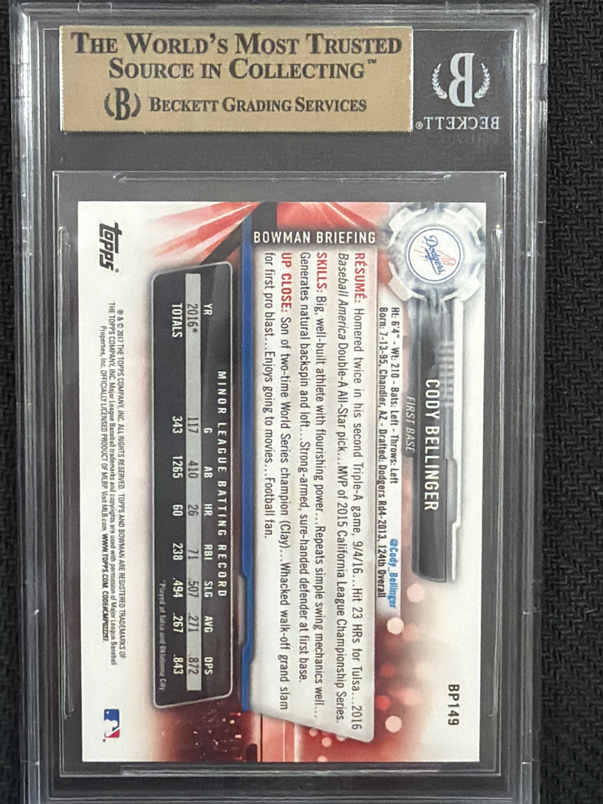 2017 Bowman Prospects Yellow Cody Bellinger #BP149 BGS 9.5