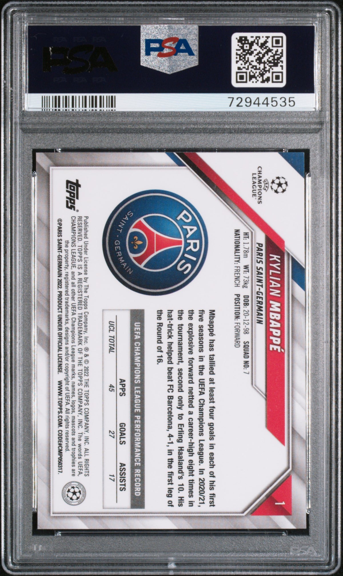 2021-2022 Chrome Sapphire Edition UEFA Champions League Kylian Mbappe #1 PSA 10