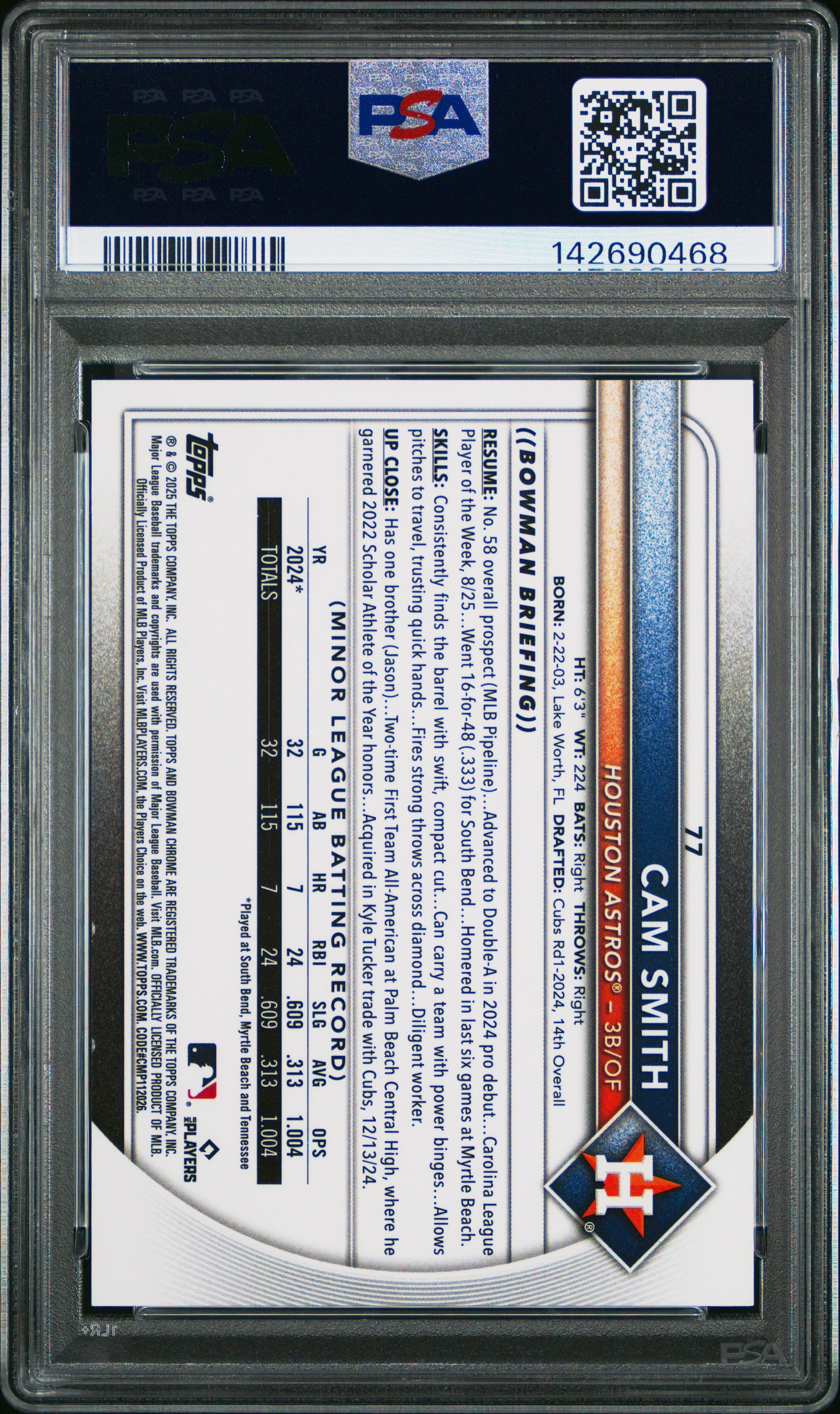 2025 Bowman Chrome Sapphire Edition Cam Smith #77 Gold /50 PSA 9