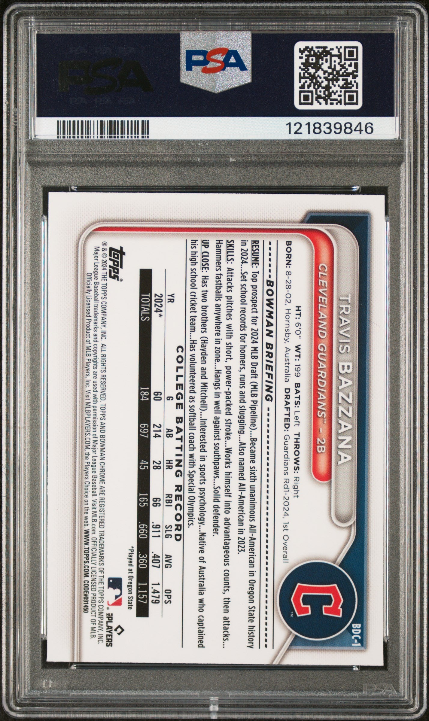 2024 Bowman Draft Sapphire Edition Travis Bazzana #BDC1 PSA 10