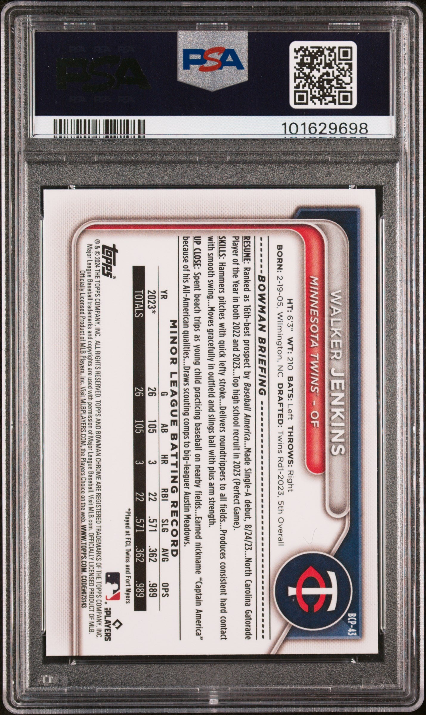 2024 Bowman Chrome Prospects Walker Jenkins #BCP43 PSA 8