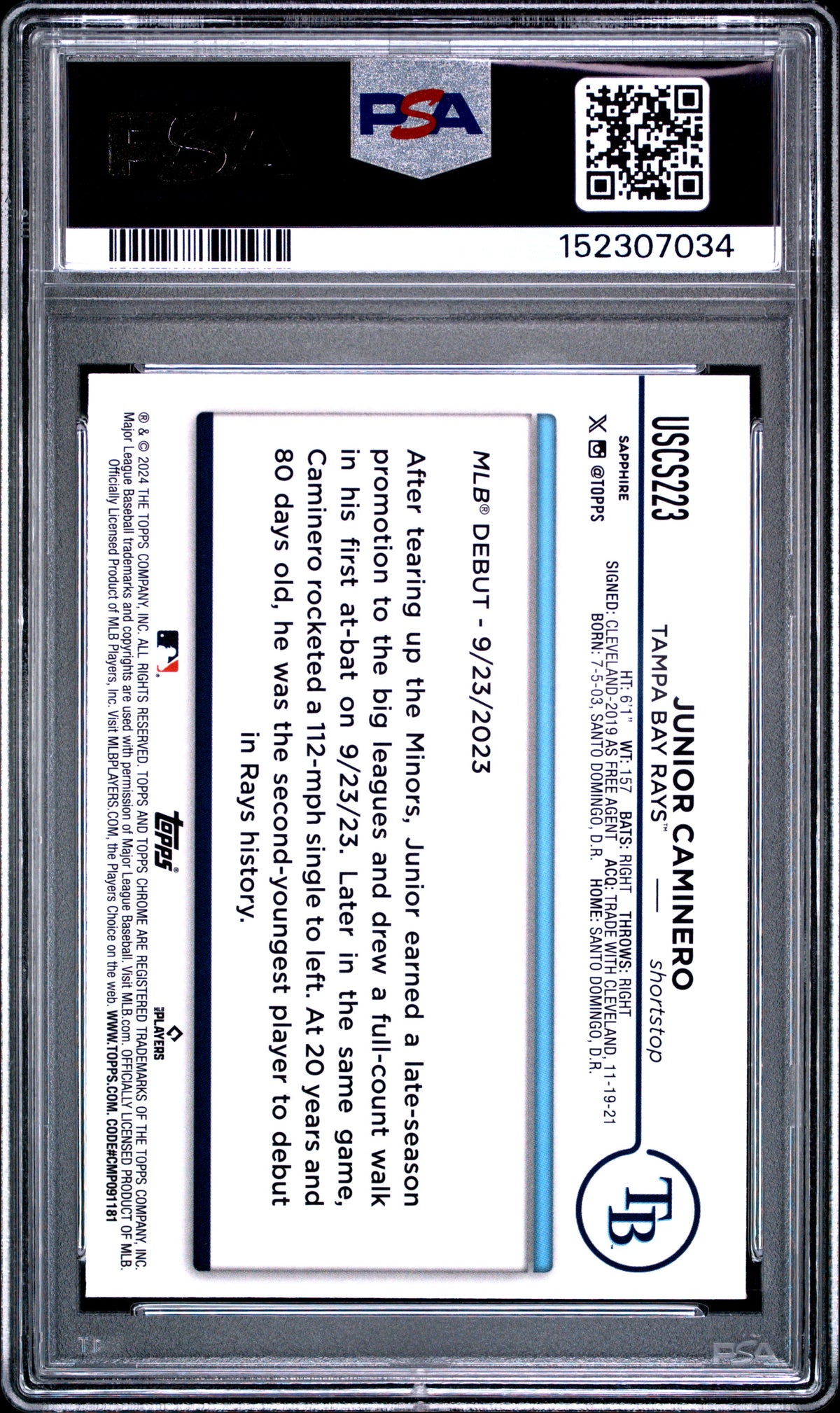 2024 Topps Chrome Sapphire Update Series Junior Caminero #223 PSA 10