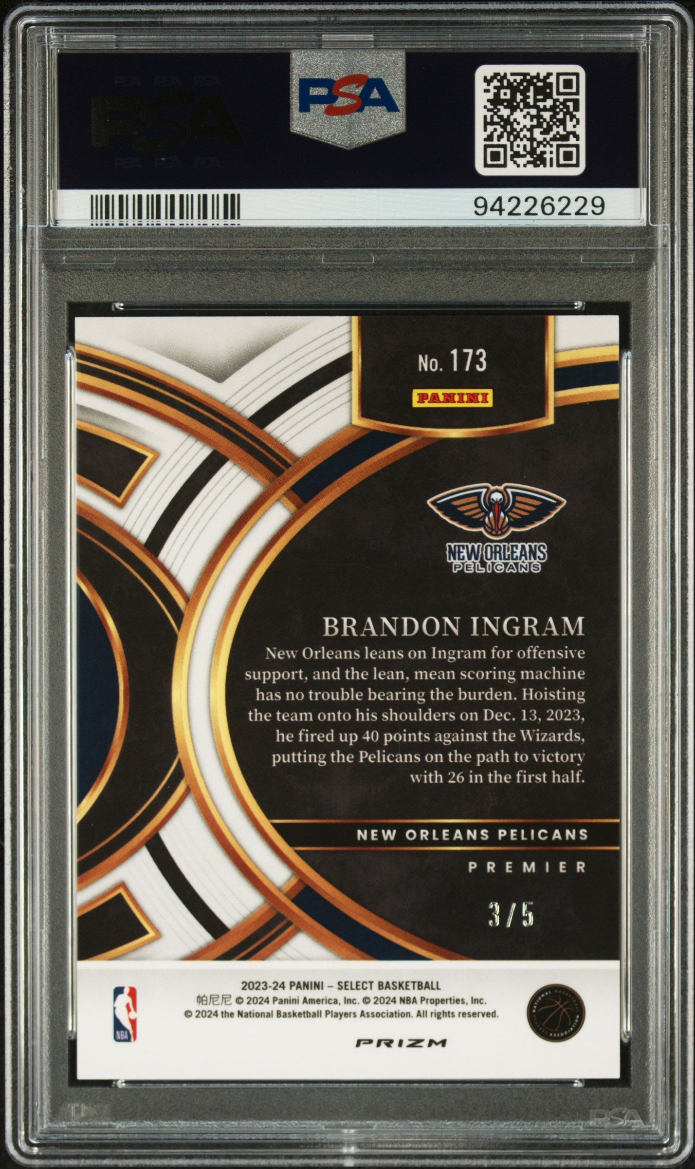 2023 Panini Select Brandon Ingram #173 Neon Purple Pulsar Fotl /5 PSA 10