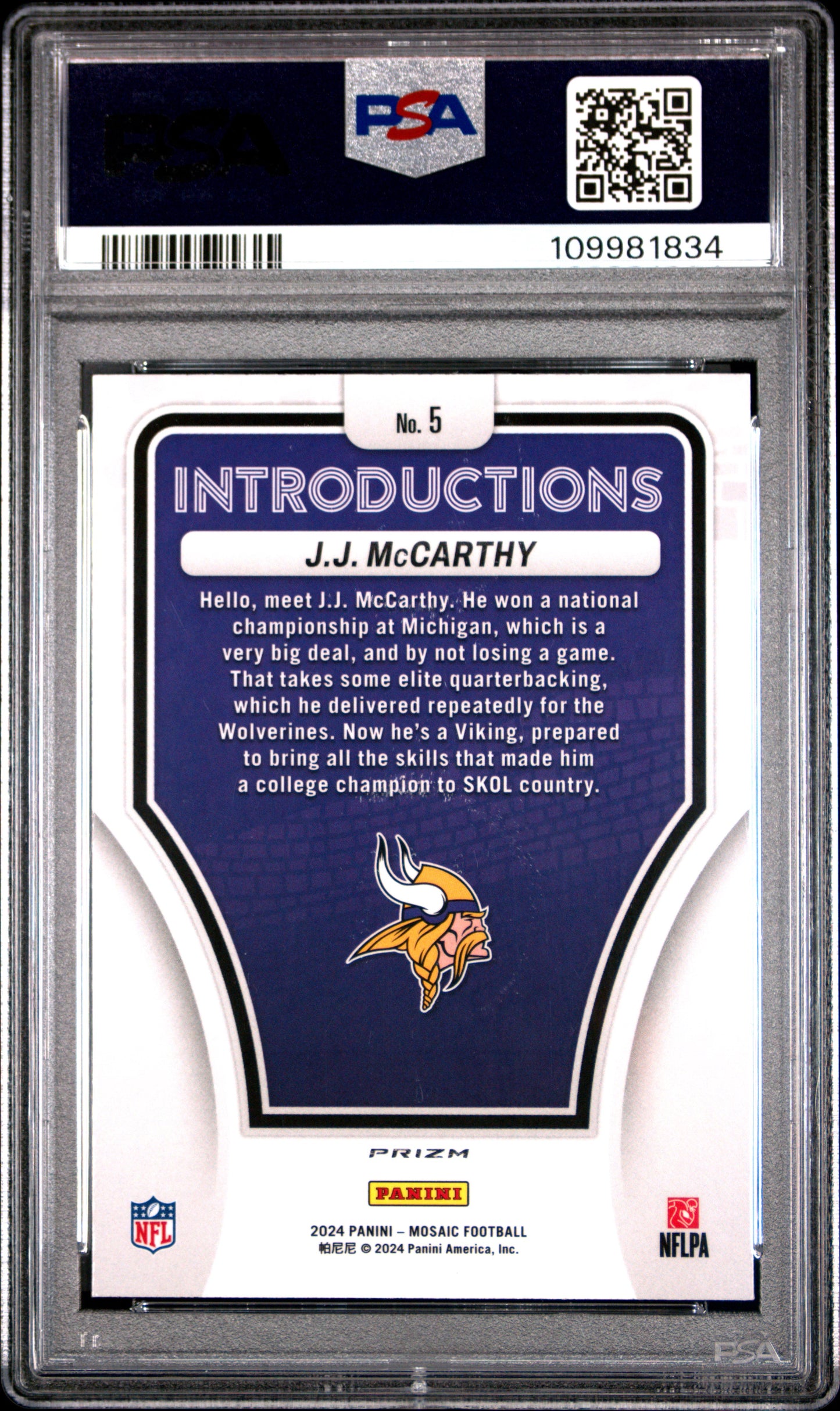 2024 Panini Mosaic Introductions JJ Mccarthy #5 Silver PSA 10