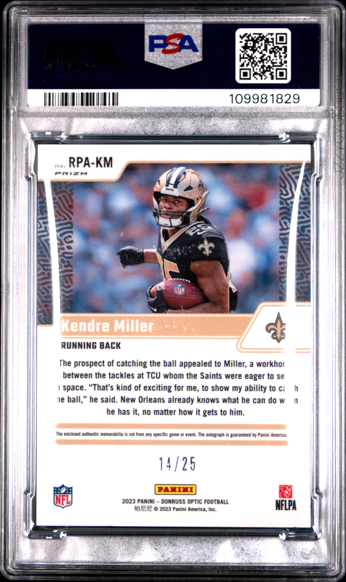 2023 Panini Donruss Optic Rookie Patch Autographs Kendre Miller #RPAKM /25 PSA 9