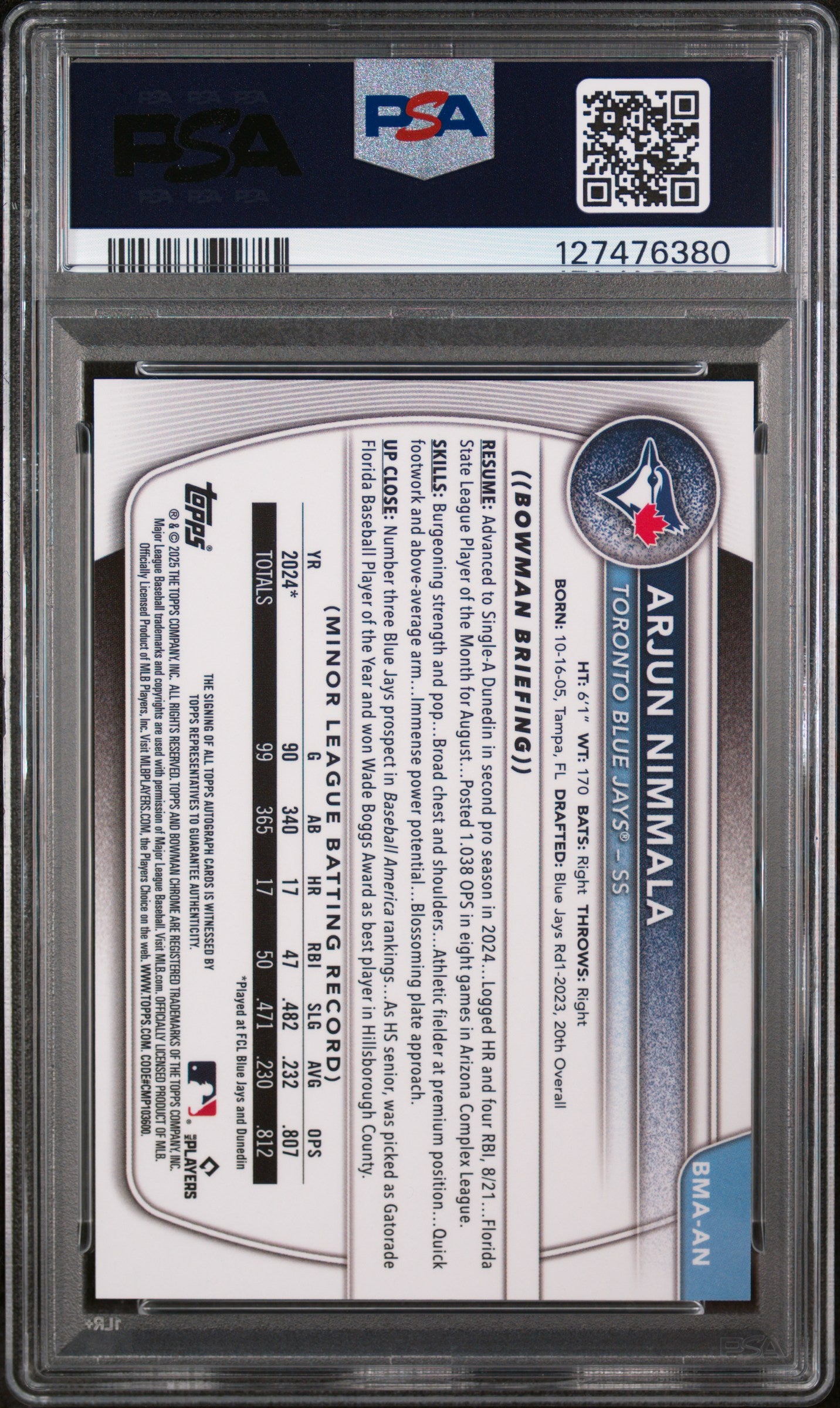 2025 Bowman Mega Box Bowman Prospect Mega Autographs Arjun Nimmala #AN PSA 10