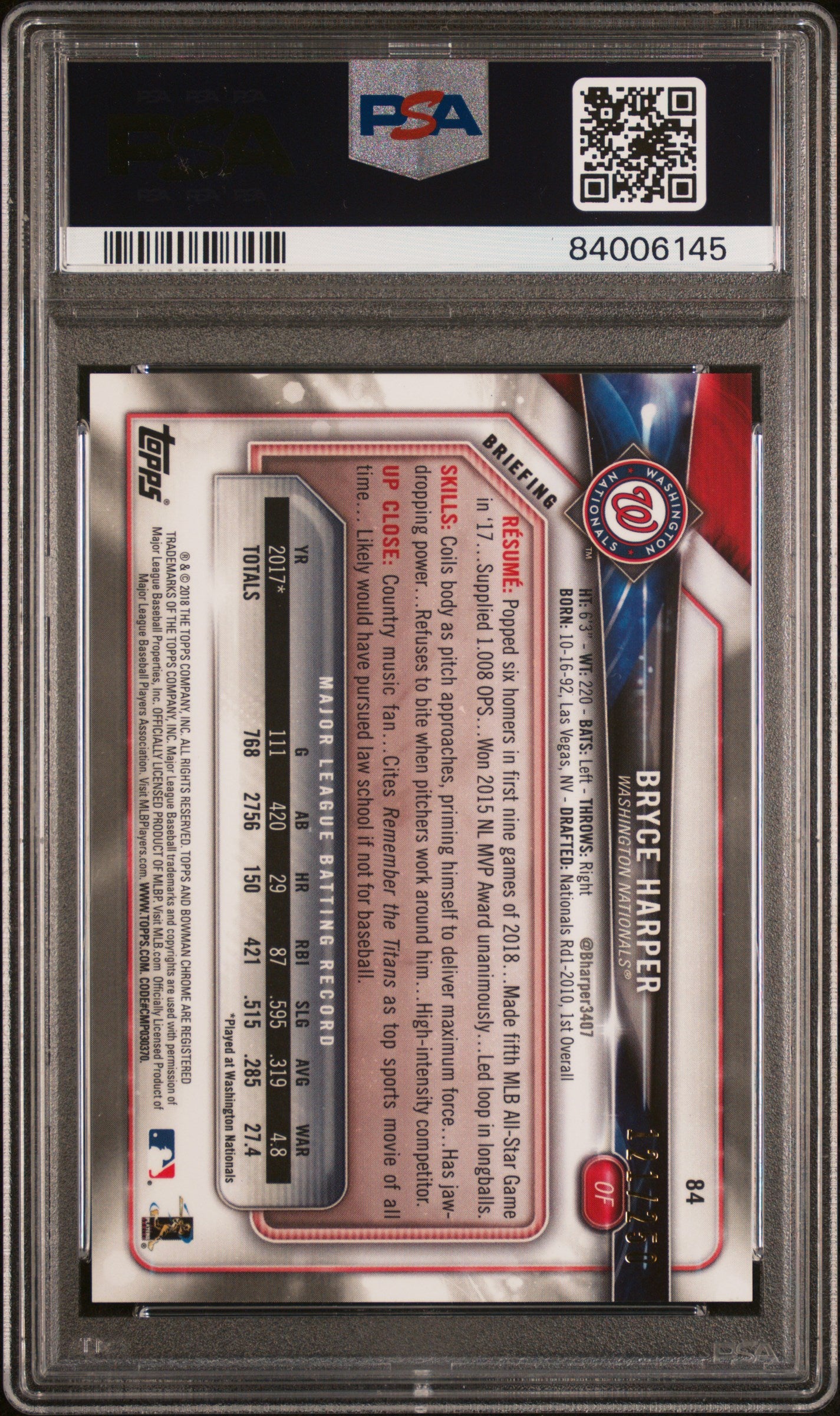 2018 Bowman Chrome Bryce Harper #84 Purple Refractor PSA 10
