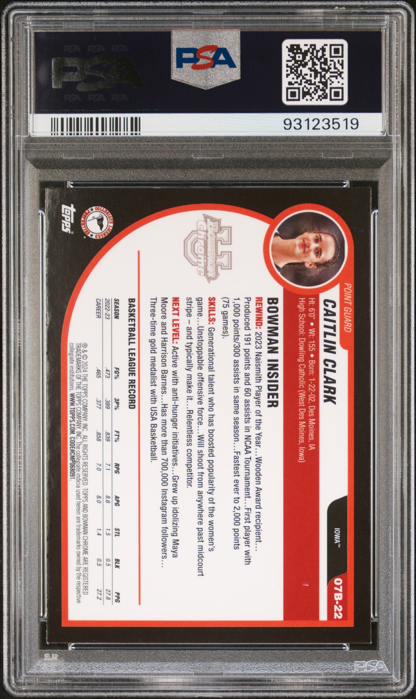 2023 Bowman University Chrome 2007-08 Bowman Caitlin Clark #07B22 PSA 9