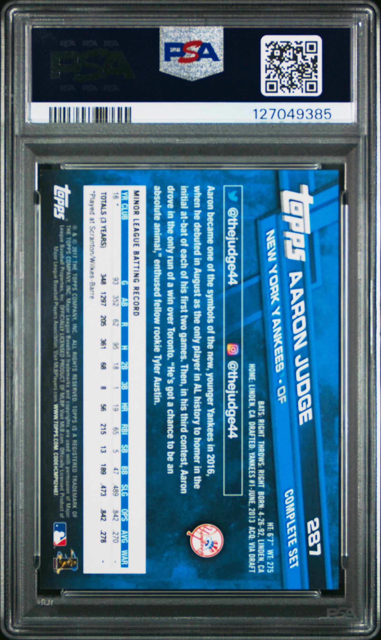 2017 Topps Complete Set Exclusives Aaron Judge #287 Running PSA 9