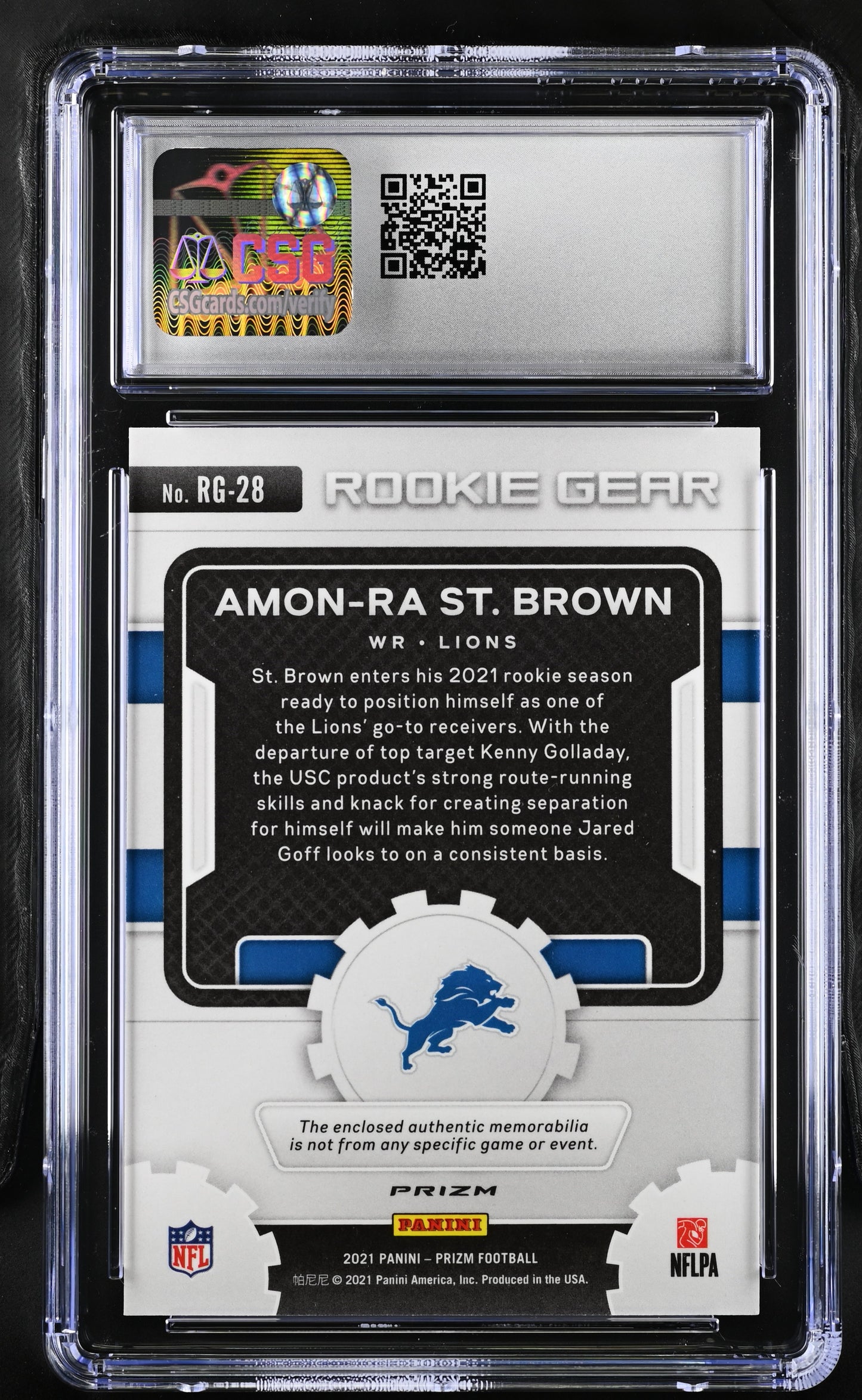 2021 Panini Prizm Amon-Ra St. Brown #RG-28 Rookie Gear Relics CGC 8.5