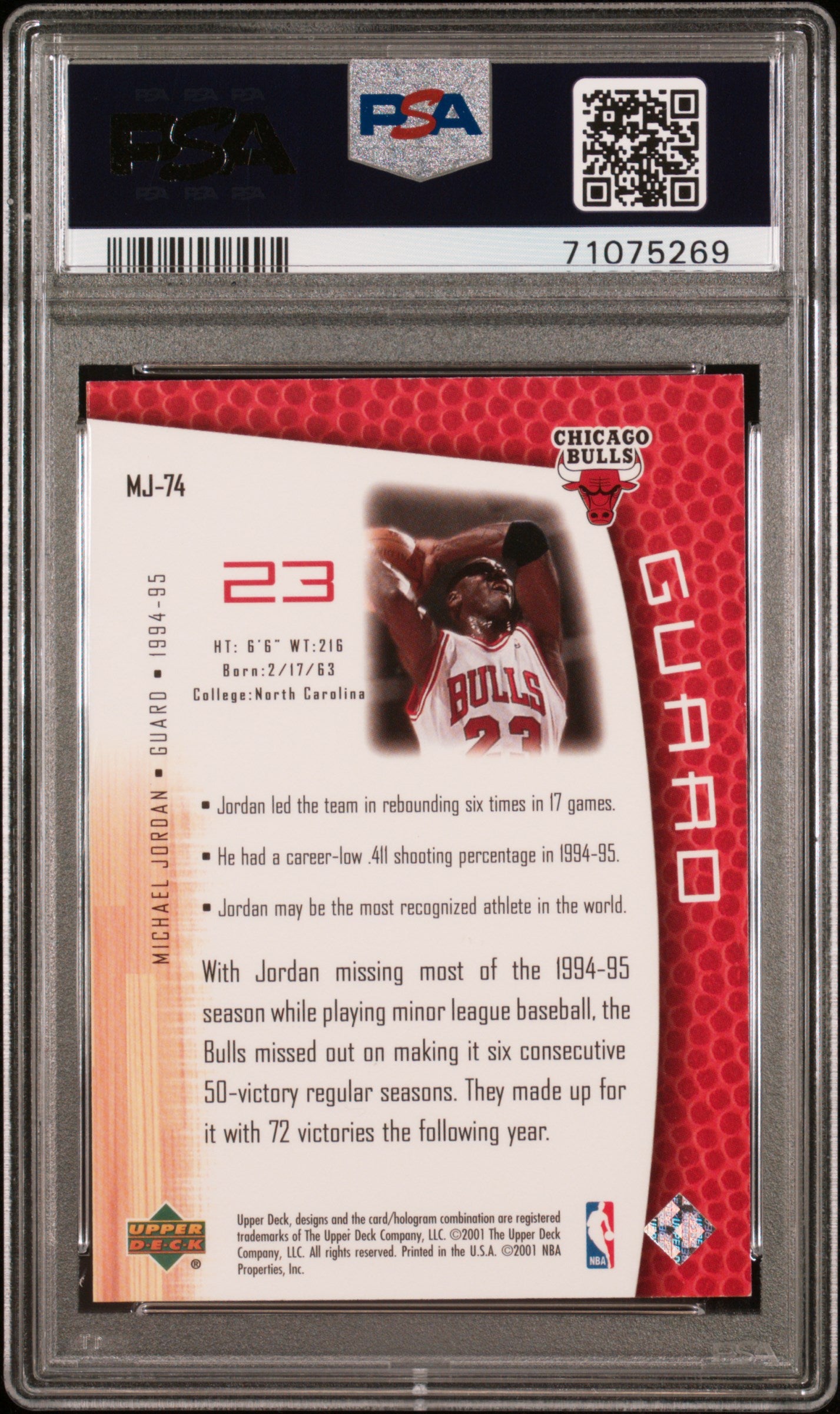 2001 Upper Deck Mj's Back Michael Jordan #MJ-74 PSA 9