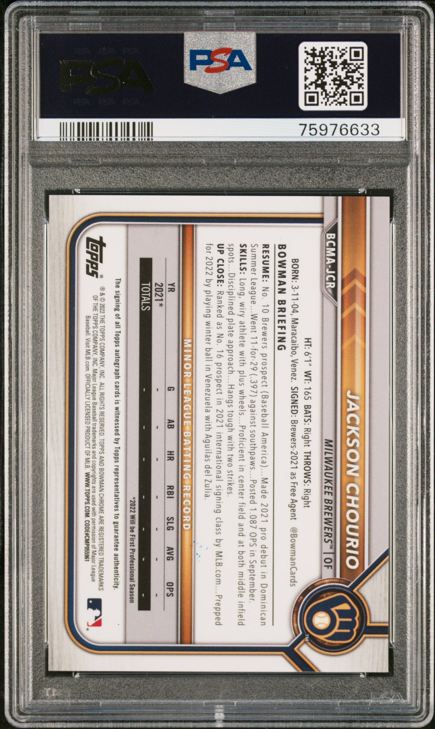 2022 Bowman Chrome Mega Box Autographs Jackson Chourio #JCR PSA 10