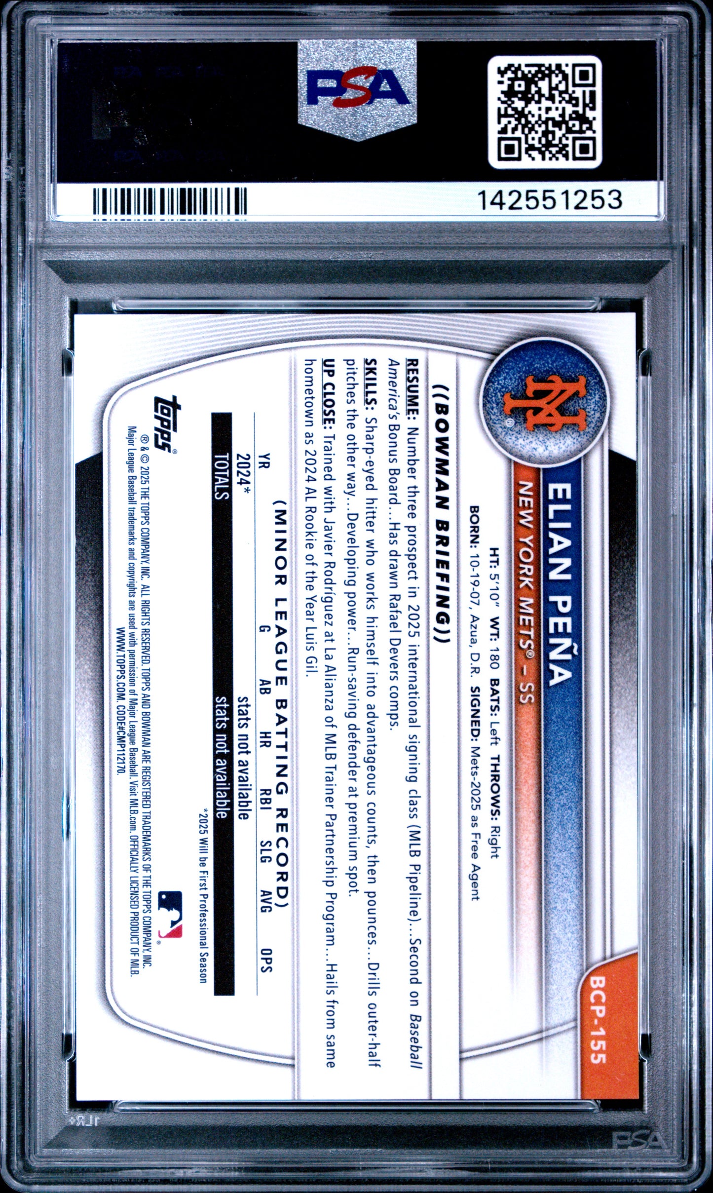2025 Bowman Chrome Prospects Elian Pena #BCP155 Etched In Glass Var PSA 10
