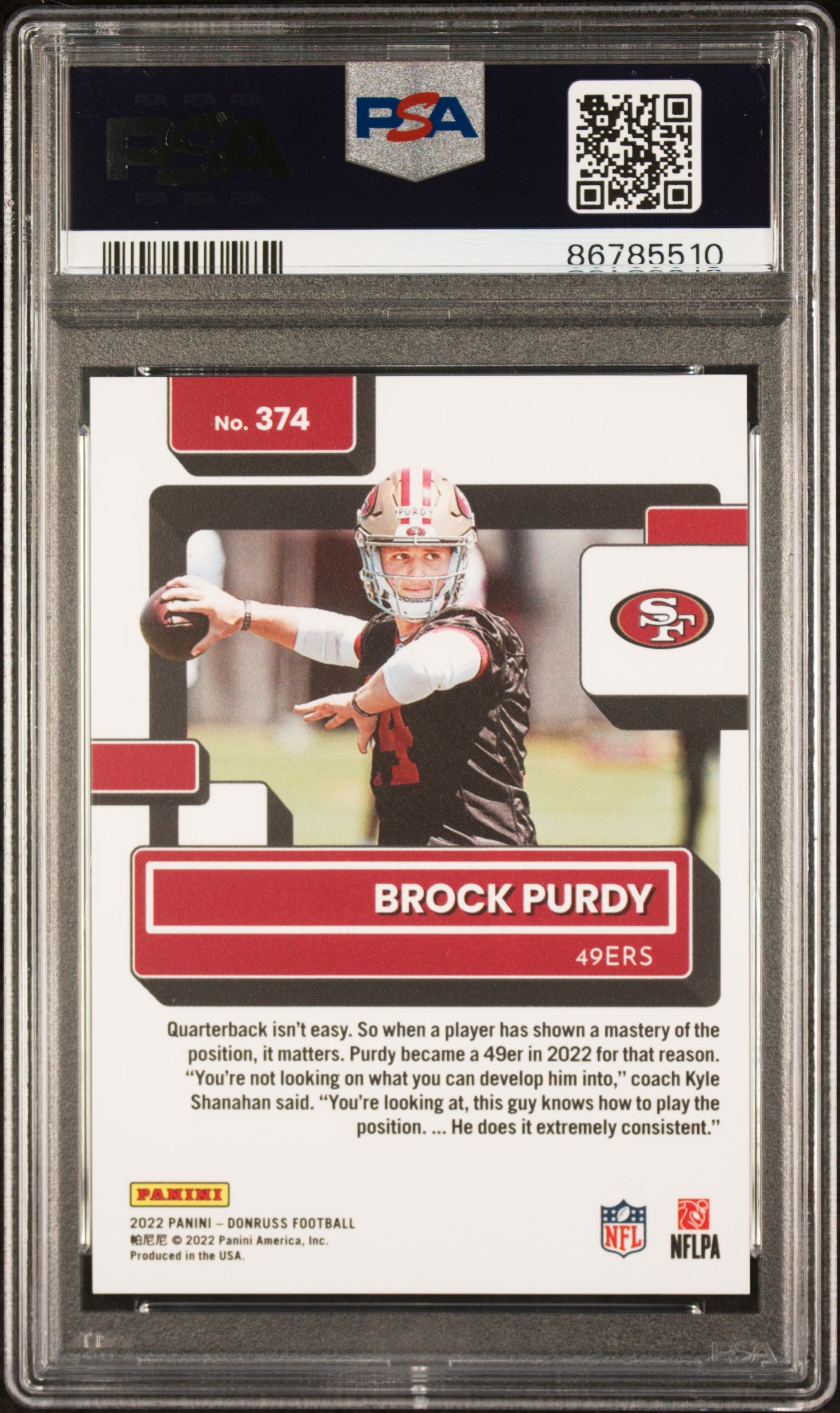 2022 Panini Donruss Brock Purdy #374 Press Proof Premium PSA 8