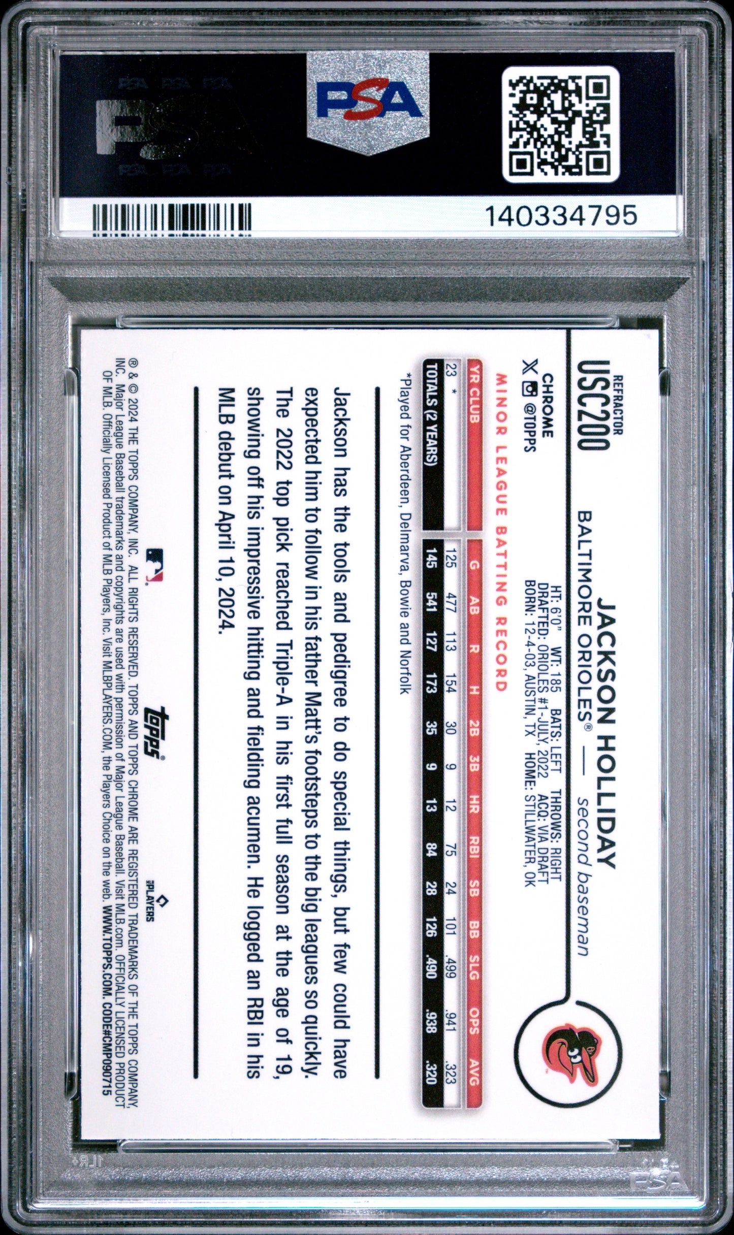 2024 Topps Chrome Update Jackson Holliday #USC200 Refractor PSA 10