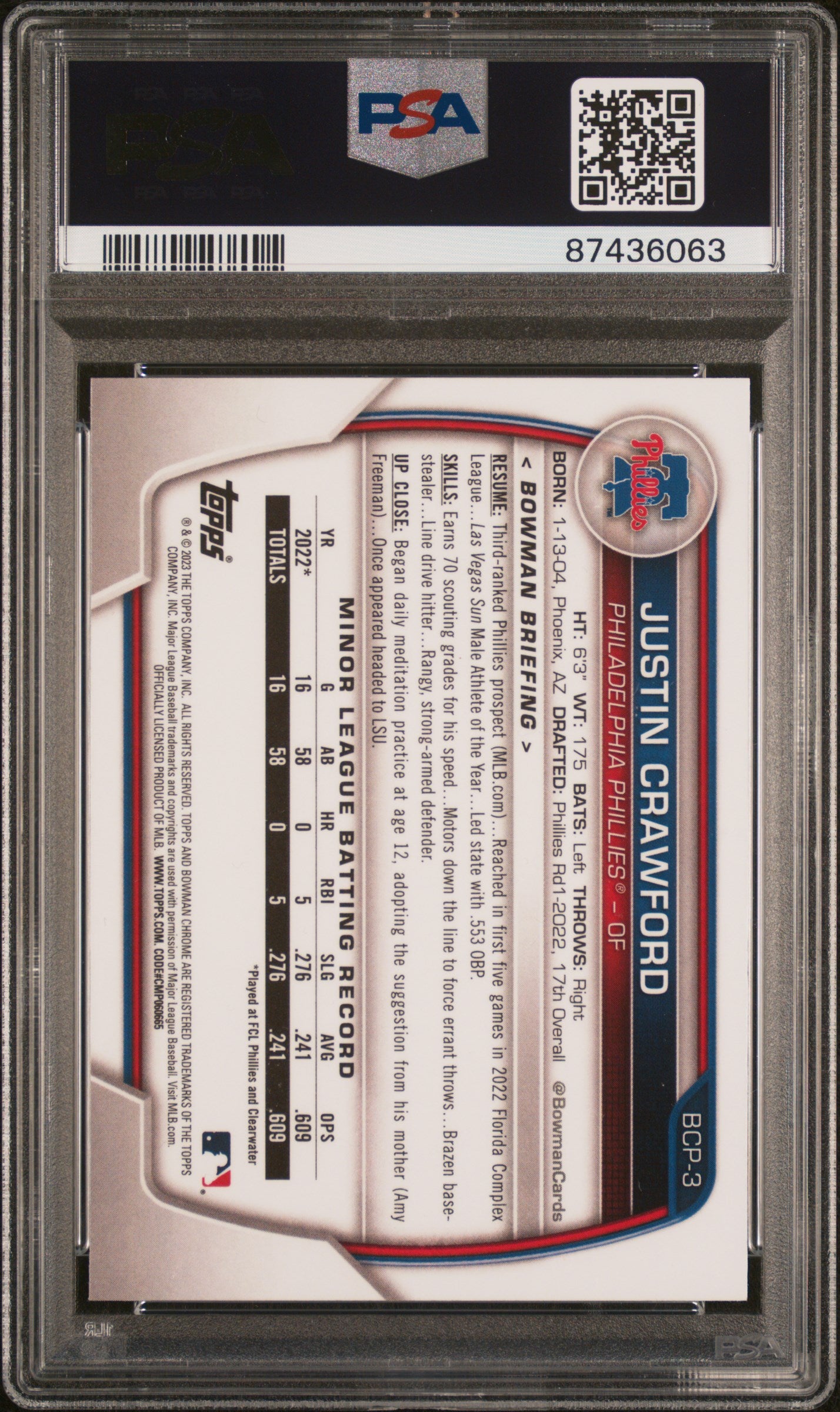 2023 Bowman Chrome Prospects Justin Crawford #BCP3 PSA 10