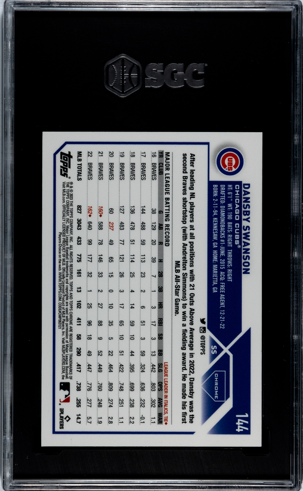 2023 Topps Chrome Dansby Swanson #144 Green Sonar Refractor 99 SGC 10