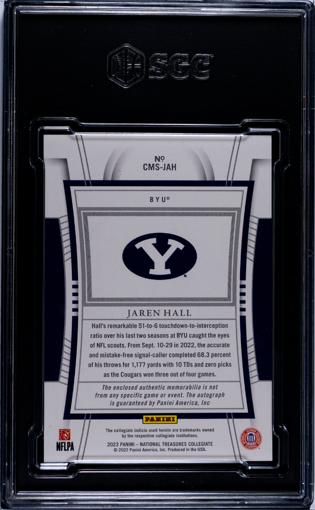 2023 Panini Treasures Jaren Hall #CMS-JAH Mat. Sigs. Purple 25 SGC 9.5 Auto 10