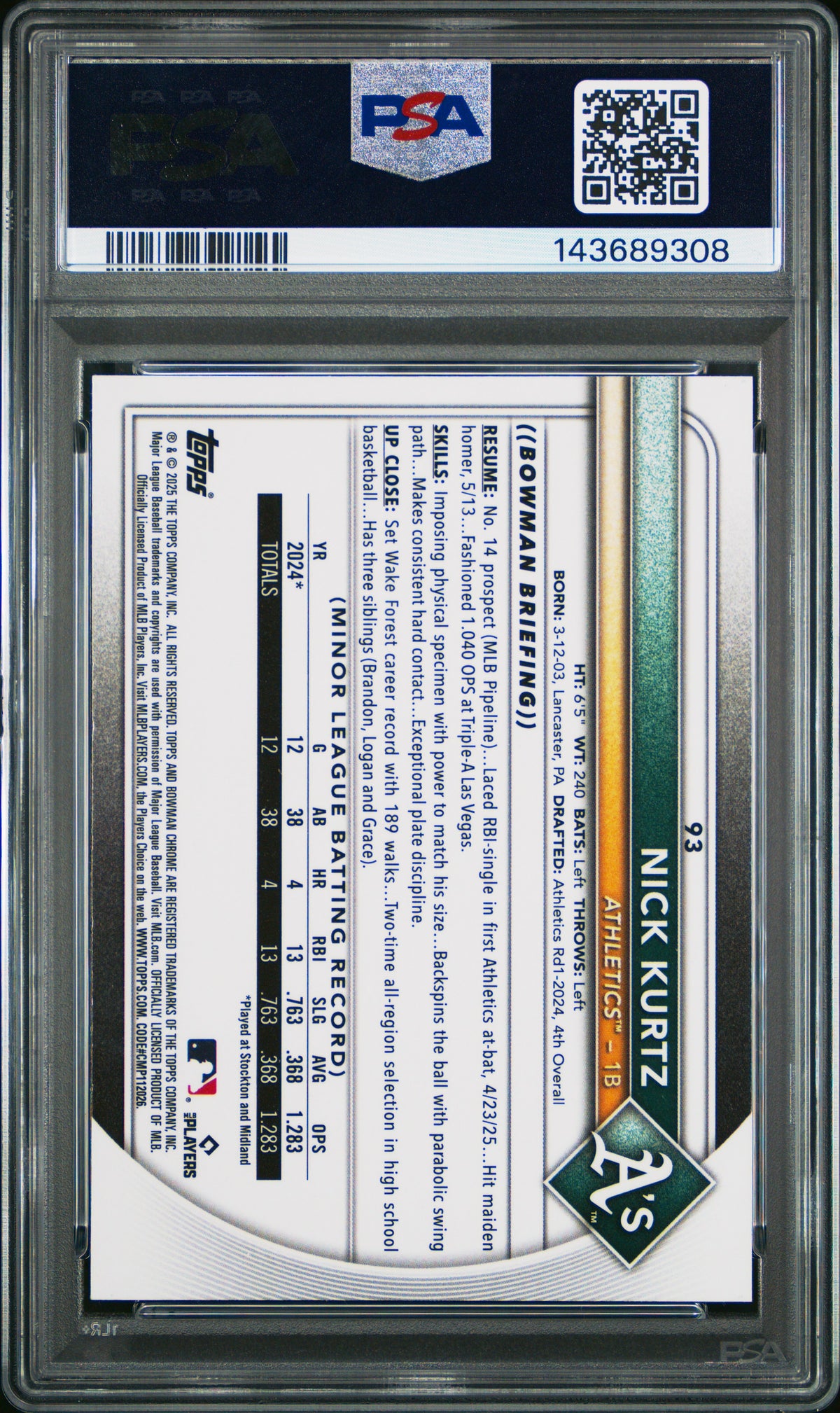 2025 Bowman Chrome Sapphire Edition Nick Kurtz #93 PSA 8