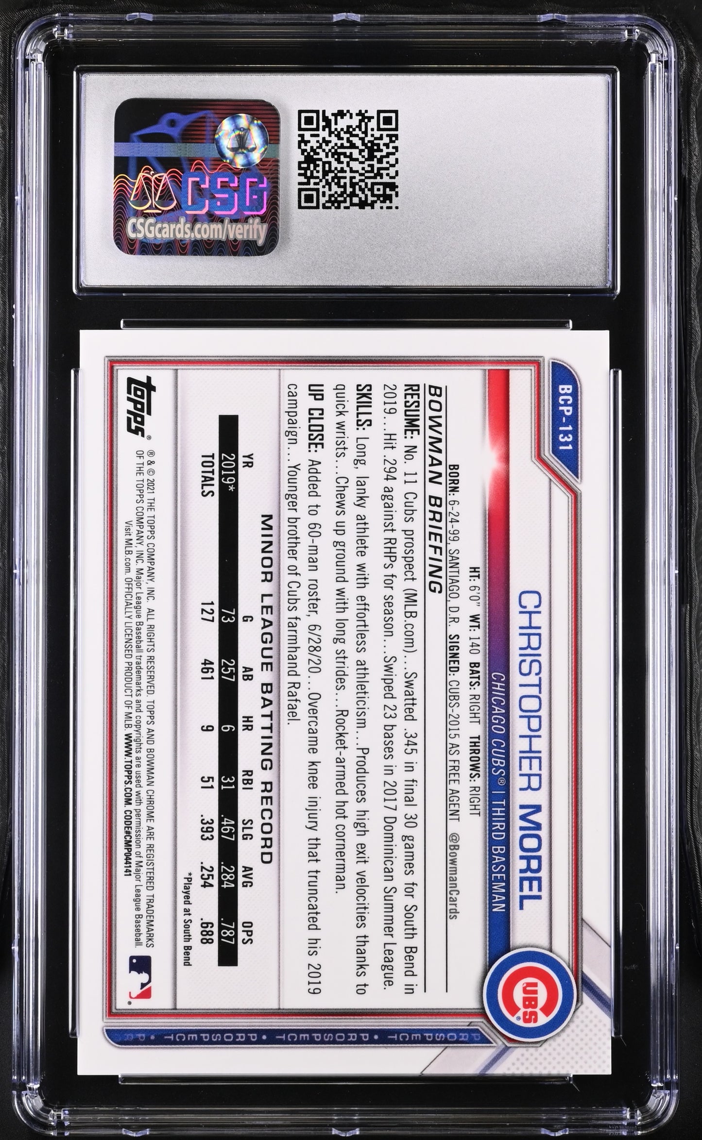 2021 Christopher Morel #BCP-131 Yellow Refractor /75 Chrome Prospects CGC 9.5