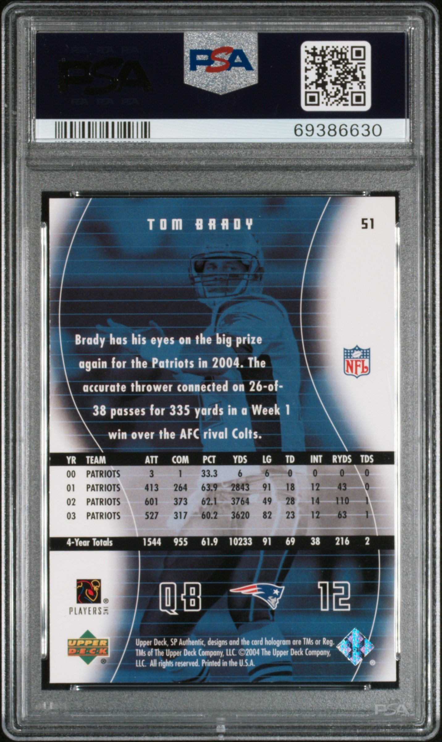 2004 SP Authentic Tom Brady #51 PSA 9