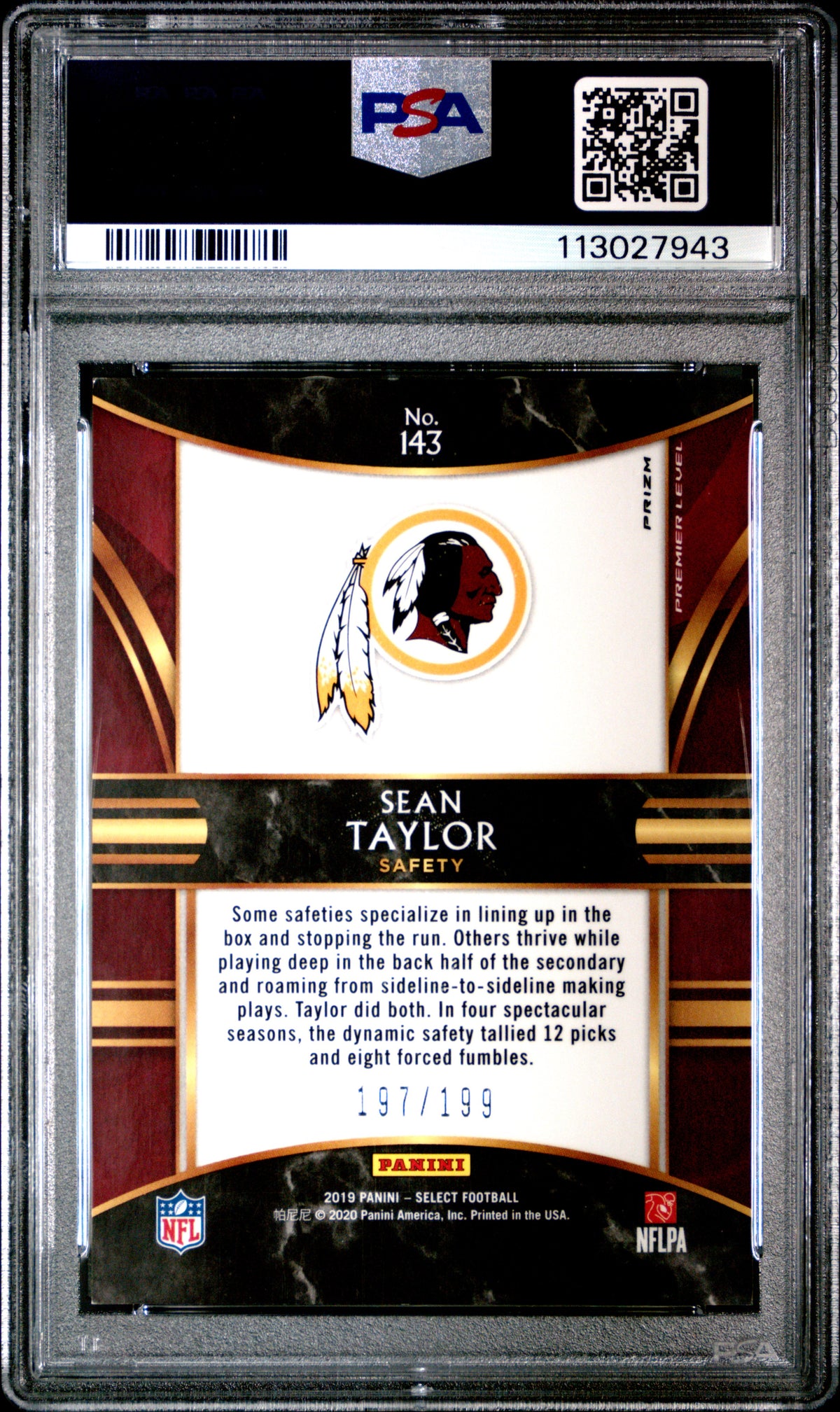 2019 Panini Select Sean Taylor #143 Tri Color Prizm PSA 9