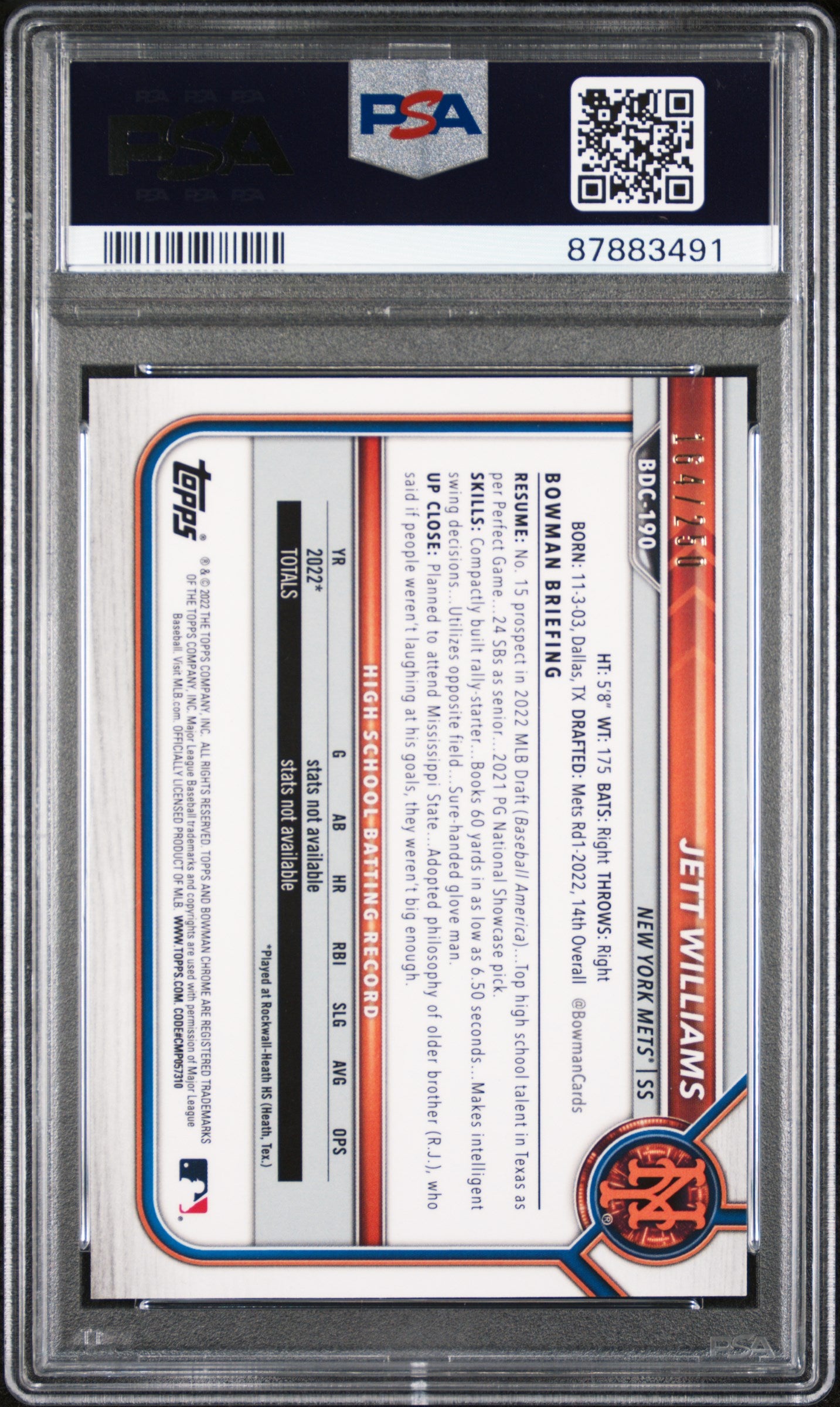 2022 Bowman Draft Jett Williams #BDC190 Chrome Purple Refractor PSA 10