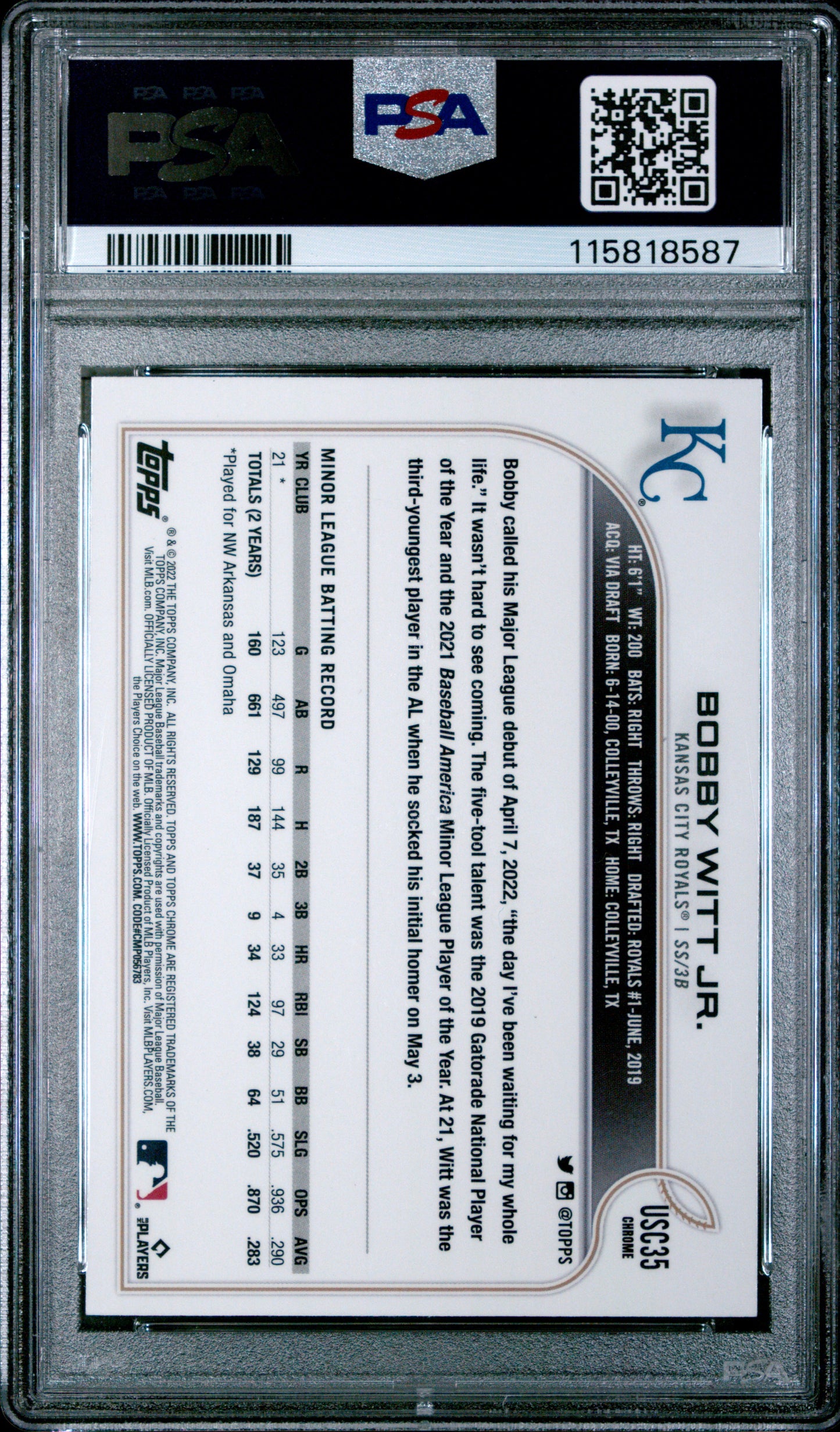 2022 Topps Chrome Update Bobby Witt JR. #USC35 Pink Wave PSA 8