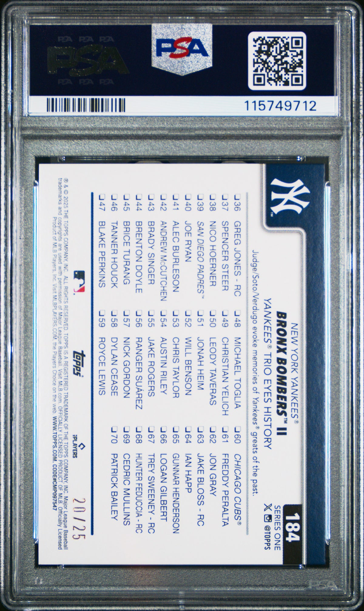 2025 Topps Verdugo Judge Soto #184 Orange Diamante Foil /25 PSA 10