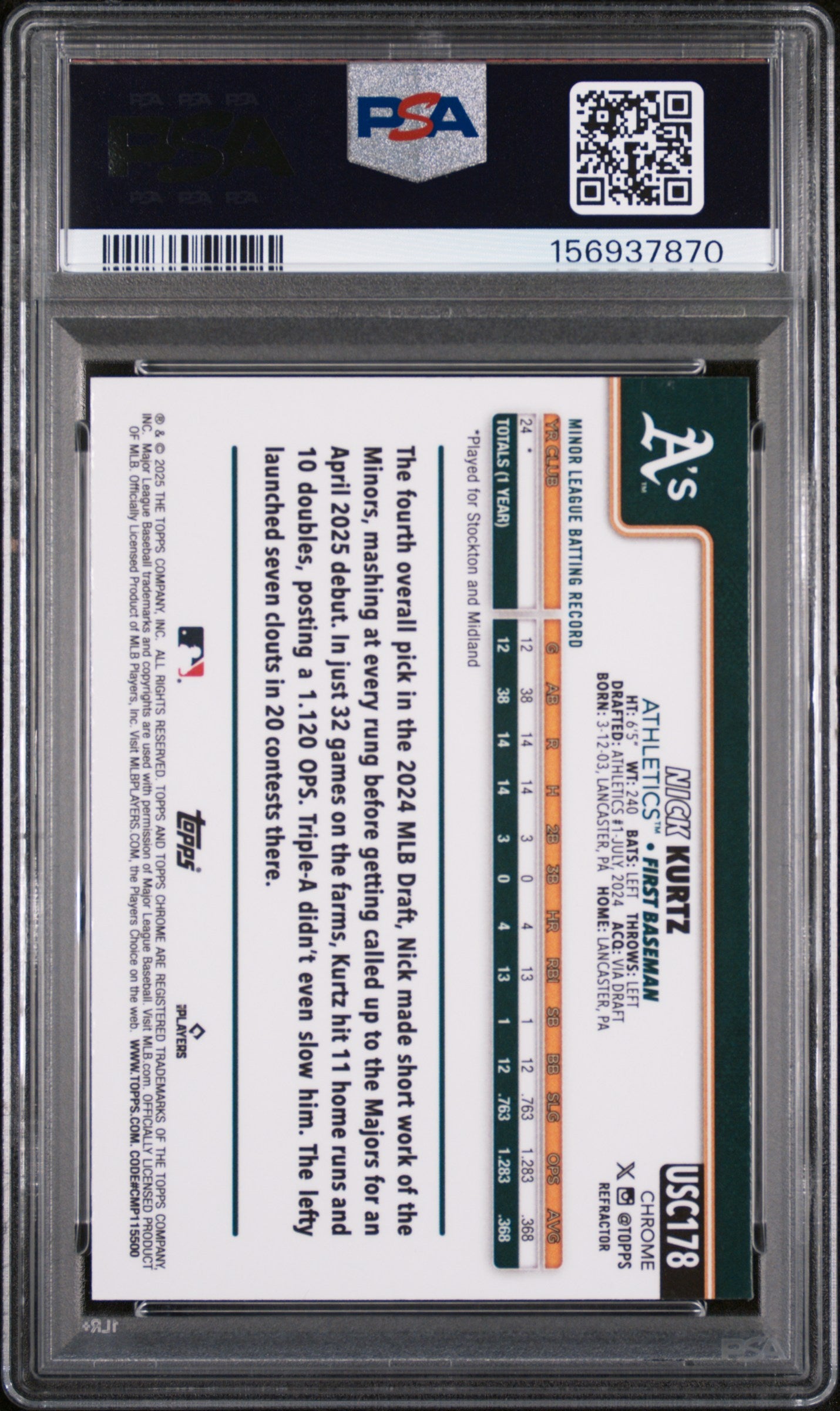 2025 Topps Chrome Update Nick Kurtz #178 Refractor PSA 10