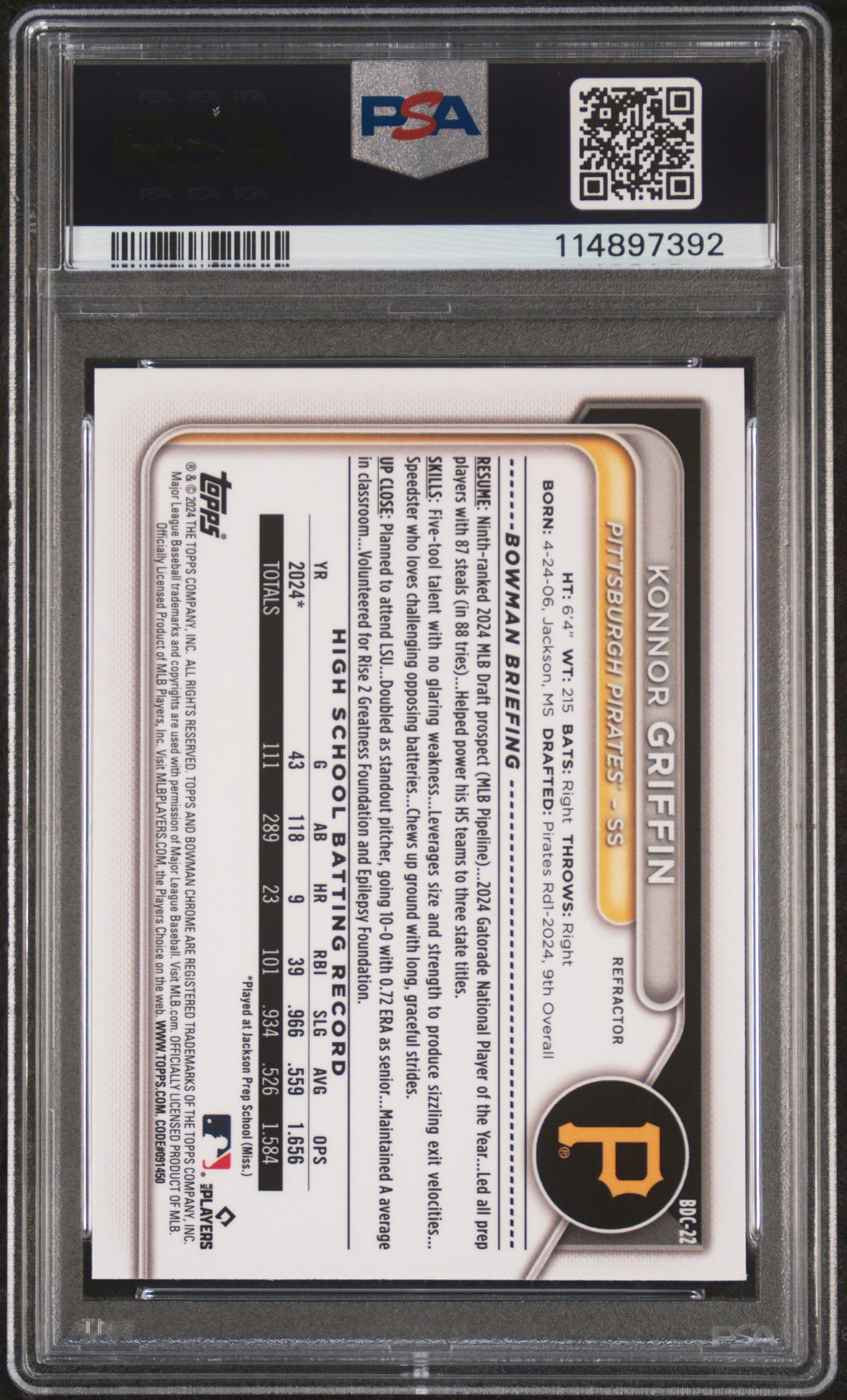 2024 Bowman Draft Konnor Griffin #BDC22 Chrome Refractor PSA 10