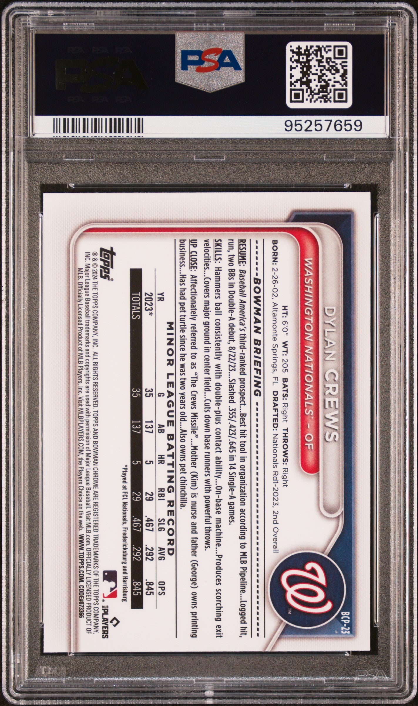 2024 Bowman Mega Box Chrome Prospects Dylan Crews #23 PSA 10