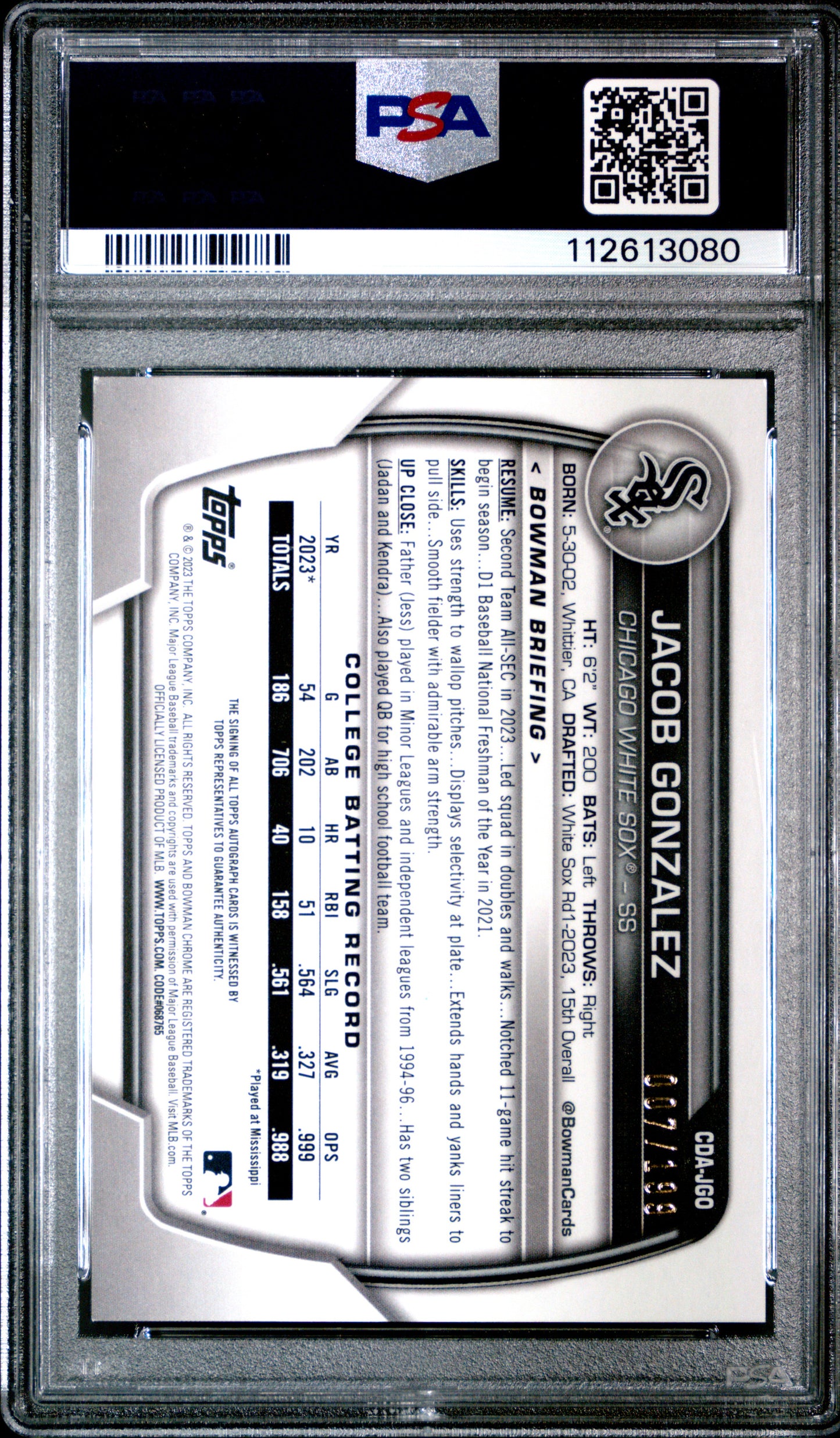 2023 Bowman Draft Sapphire Prospect Autographs Jacob Gonzalez #CDAJGO PSA 9