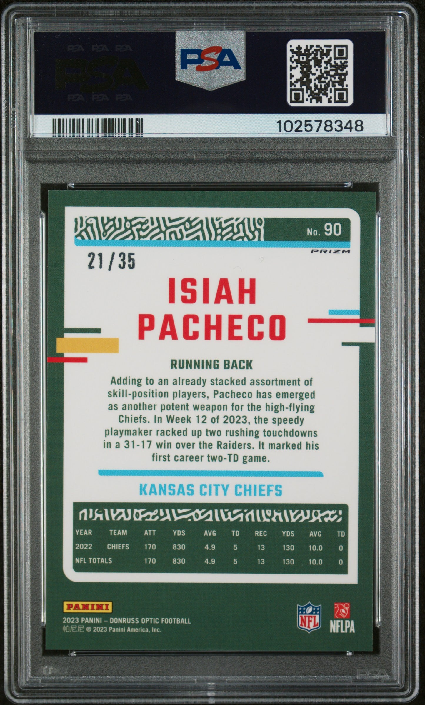 2023 Panini Donruss Optic Isiah Pacheco #90 Bronze Mojo PSA 10