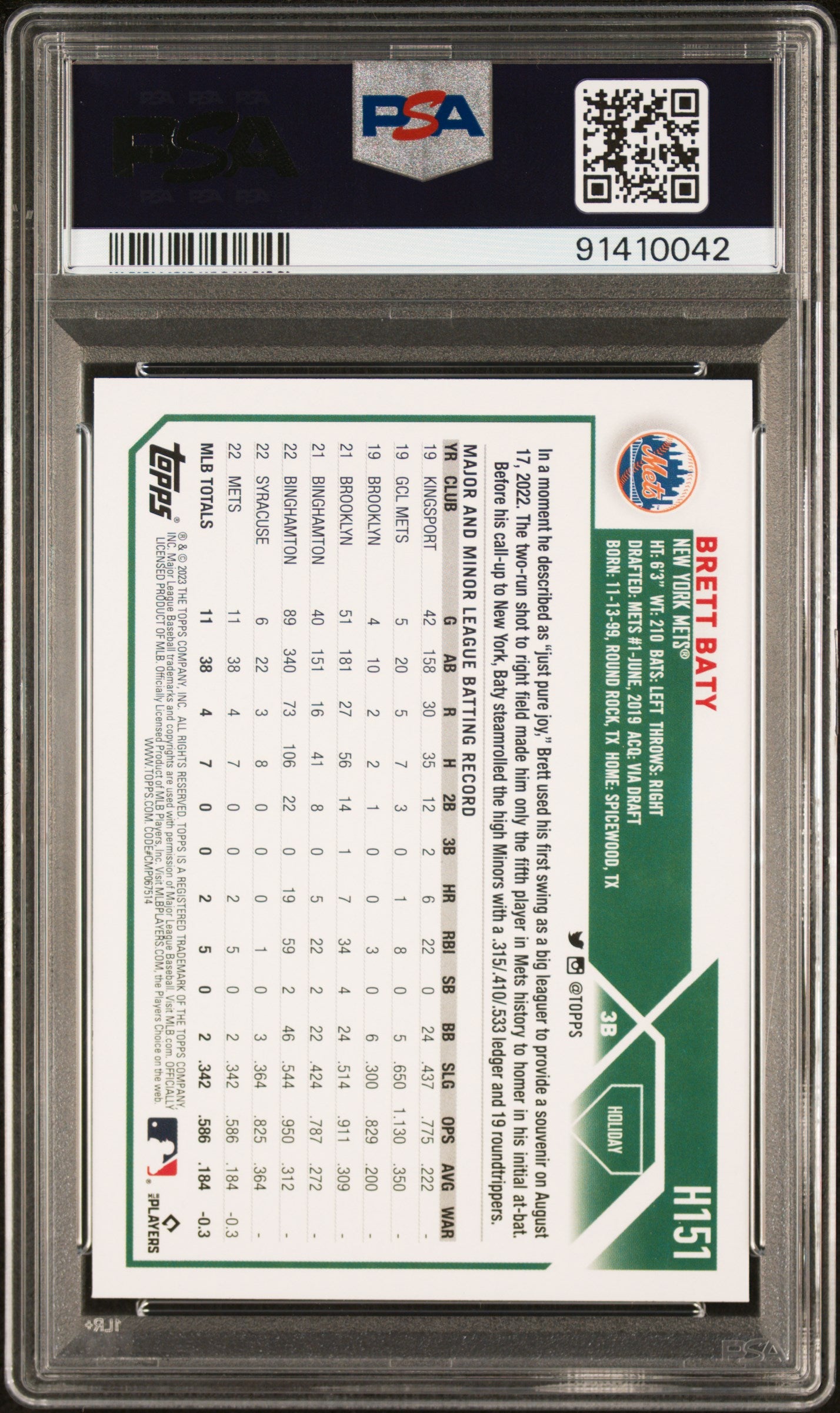 2023 Topps Holiday Brett Baty #H151 SP PSA 10