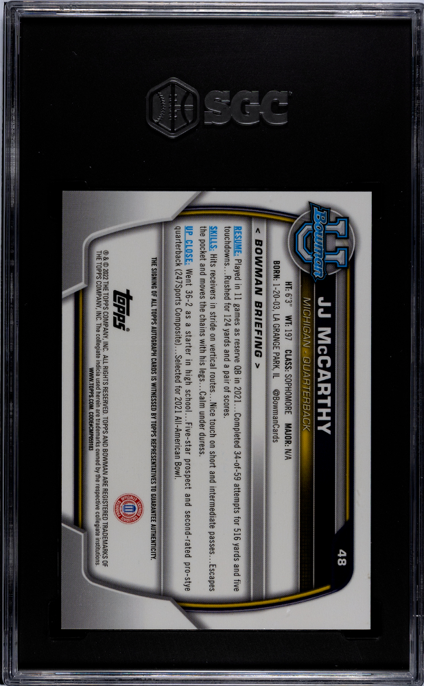 2022 Bowman University Chrome JJ Mccarthy #48 Autograph SGC 9.5 Auto 10