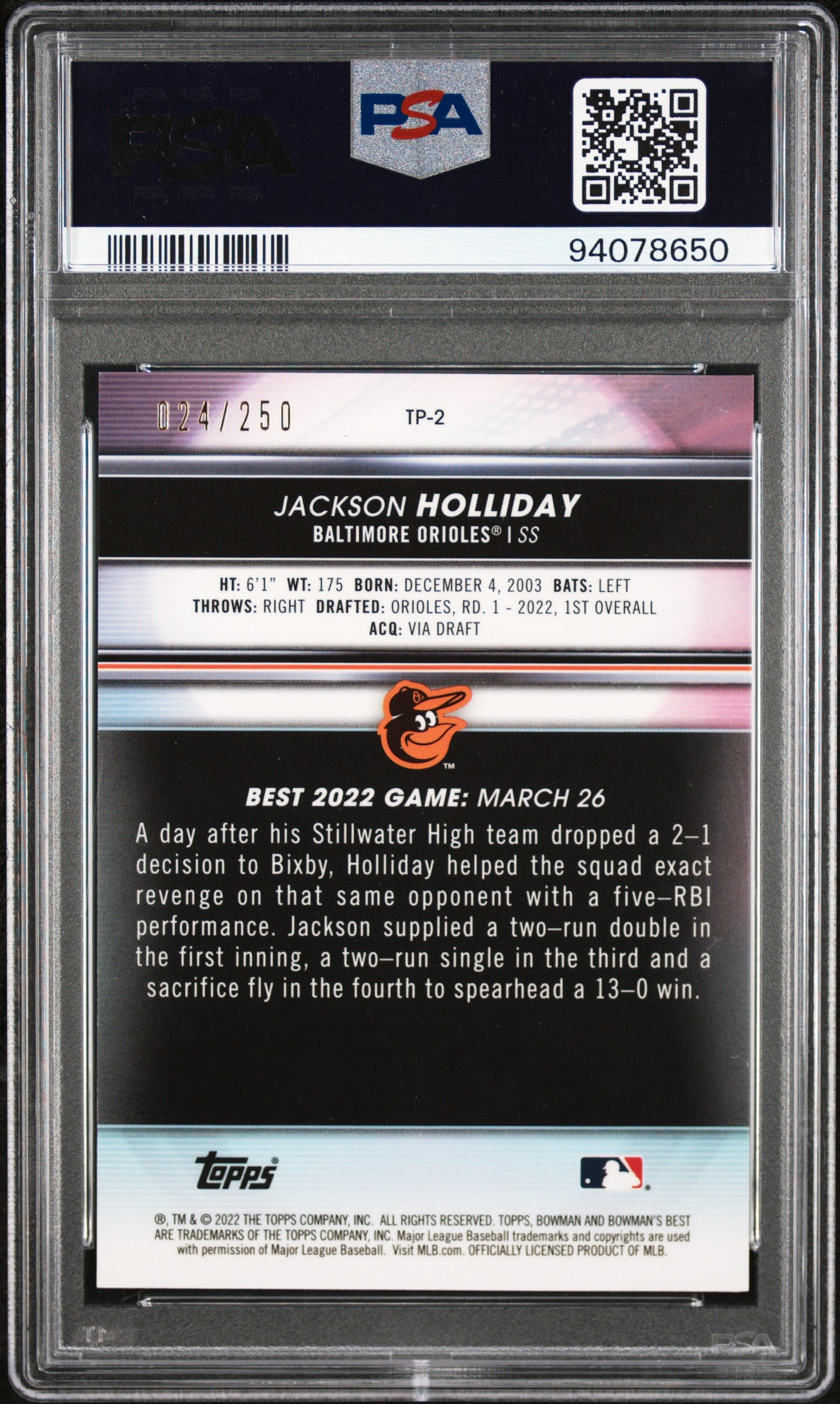 2022 Bowman's Best Top Prospects Jackson Holliday #TP2 Purple Ref PSA 10