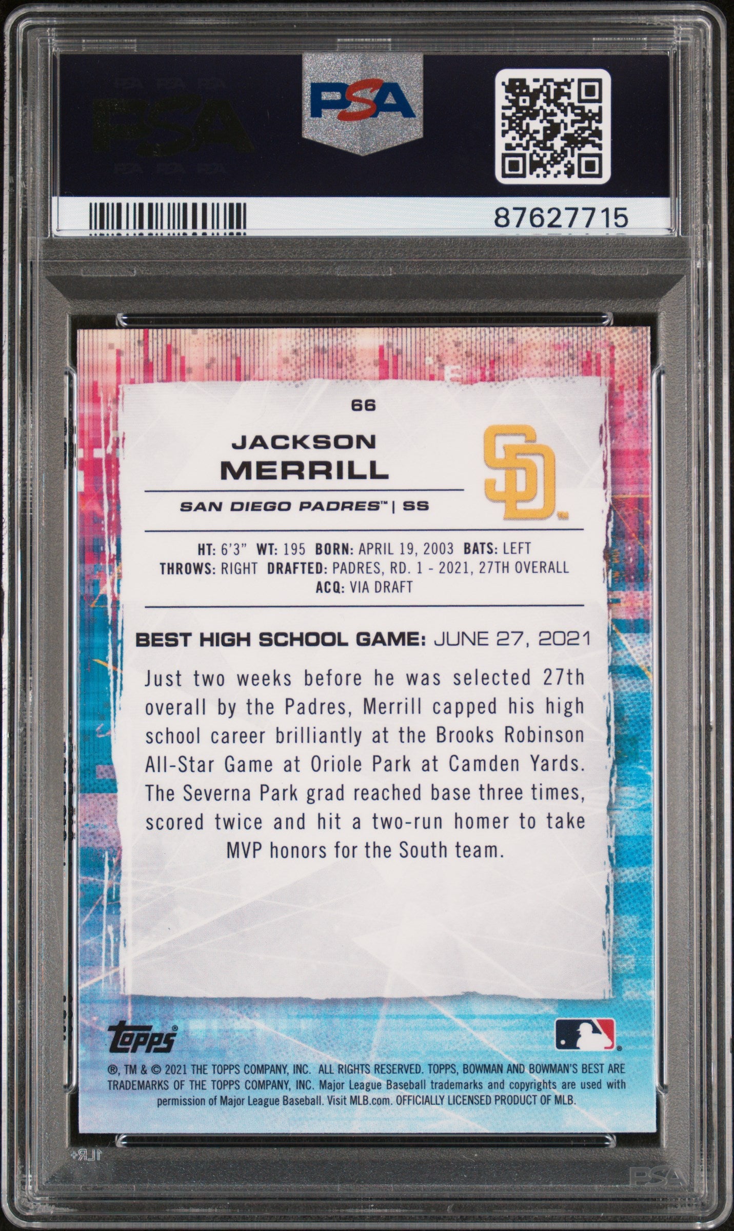 2021 Bowman's Best Jackson Merrill #66 PSA 10 Auto 9
