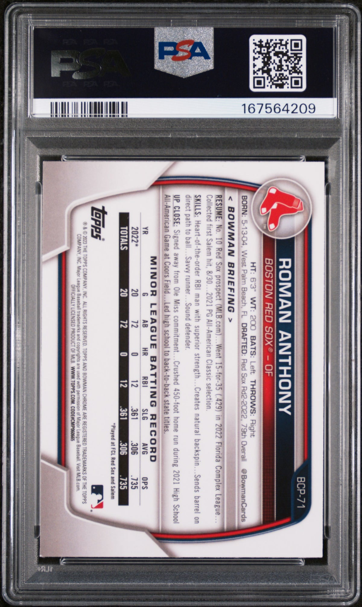 2023 Bowman Chrome Prospects Roman Anthony #BCP71 PSA 9