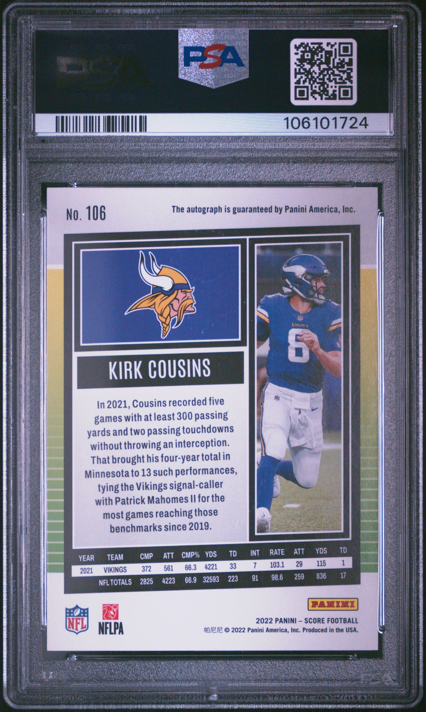 2022 Panini Score Kirk Cousins #106 Autograph PSA 10