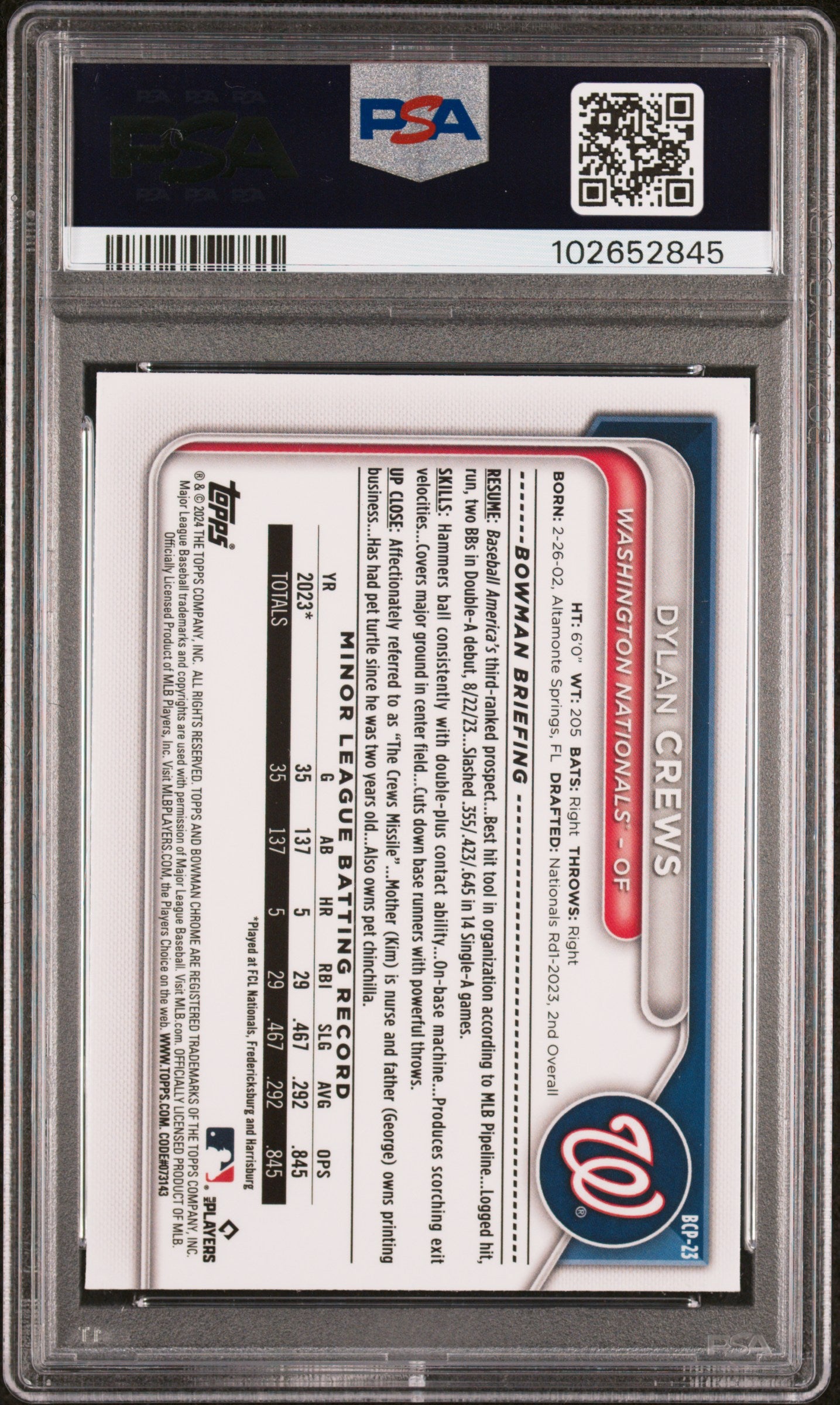2024 Bowman Chrome Prospects Dylan Crews #BCP23 PSA 10